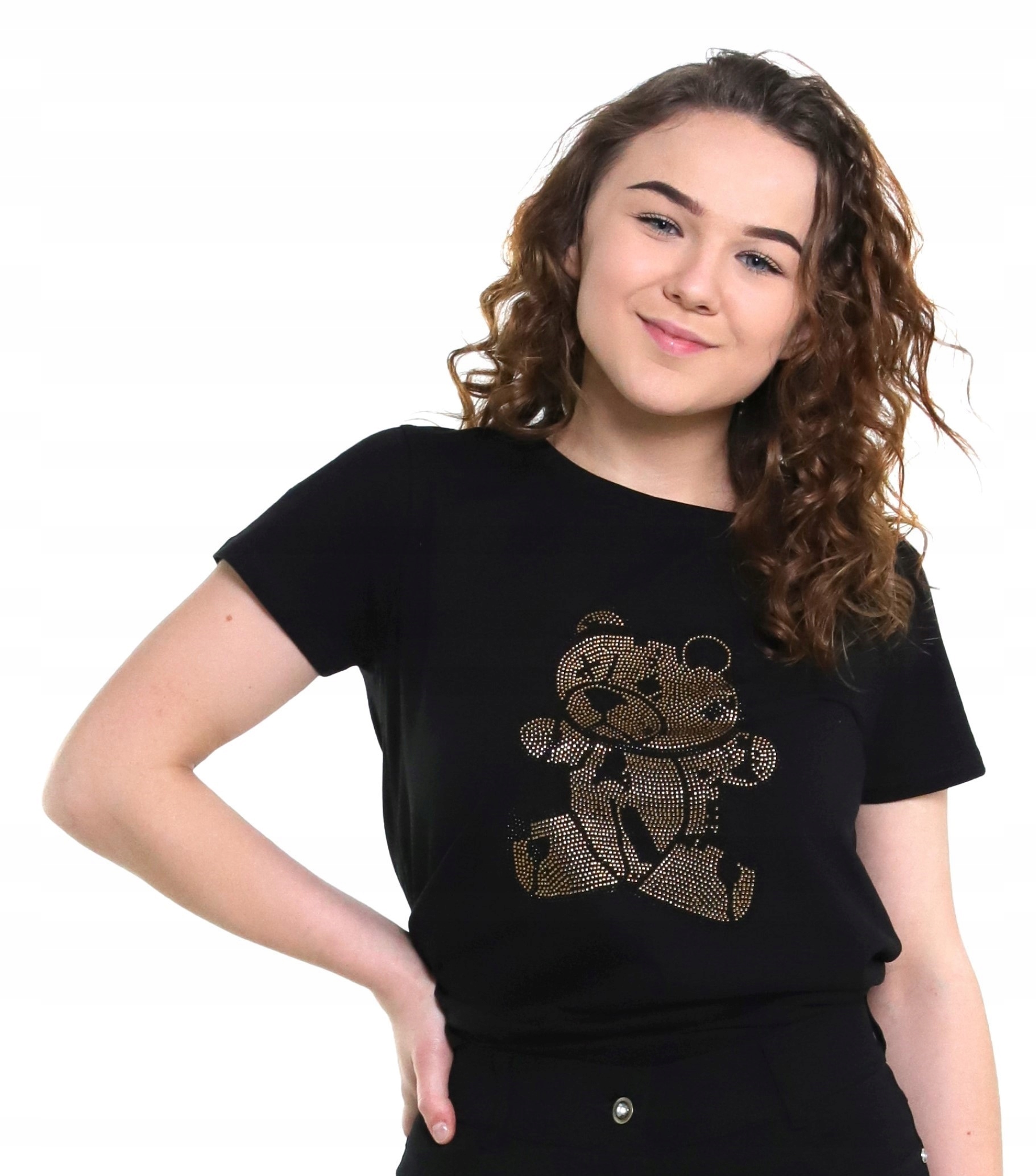 

T-shirt Damski Koszulka Czarna Cekinowy Miś L