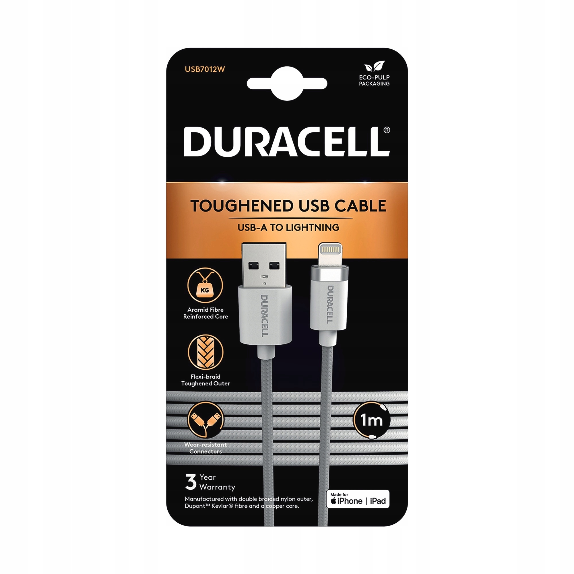 Duracell Kabel Usb-a Lightning 1m biały, nylonowy, do iPhone