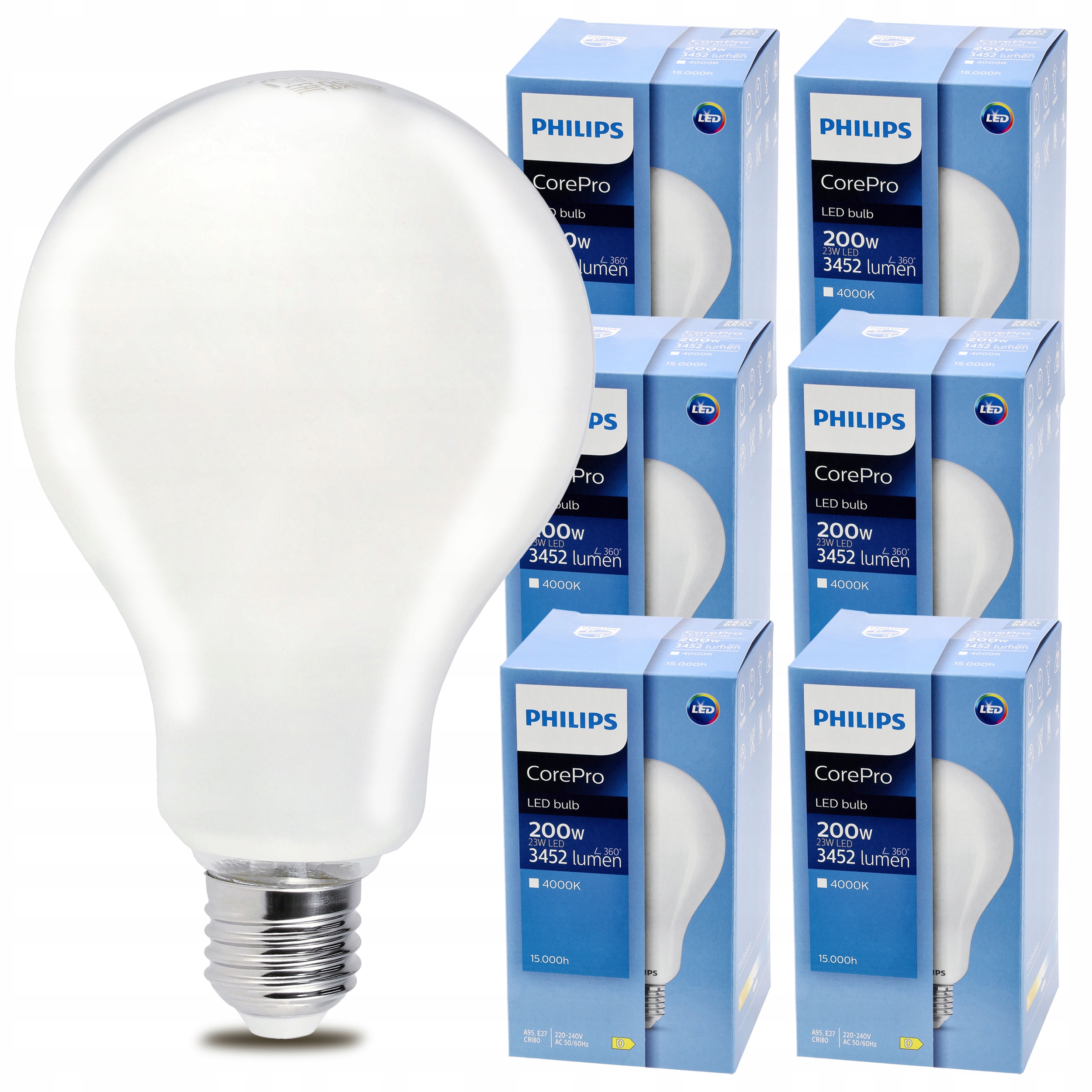 6x Led žiarovka E27 Philips 23W 200W 3452lm Farba 4000k Premium Sada A95