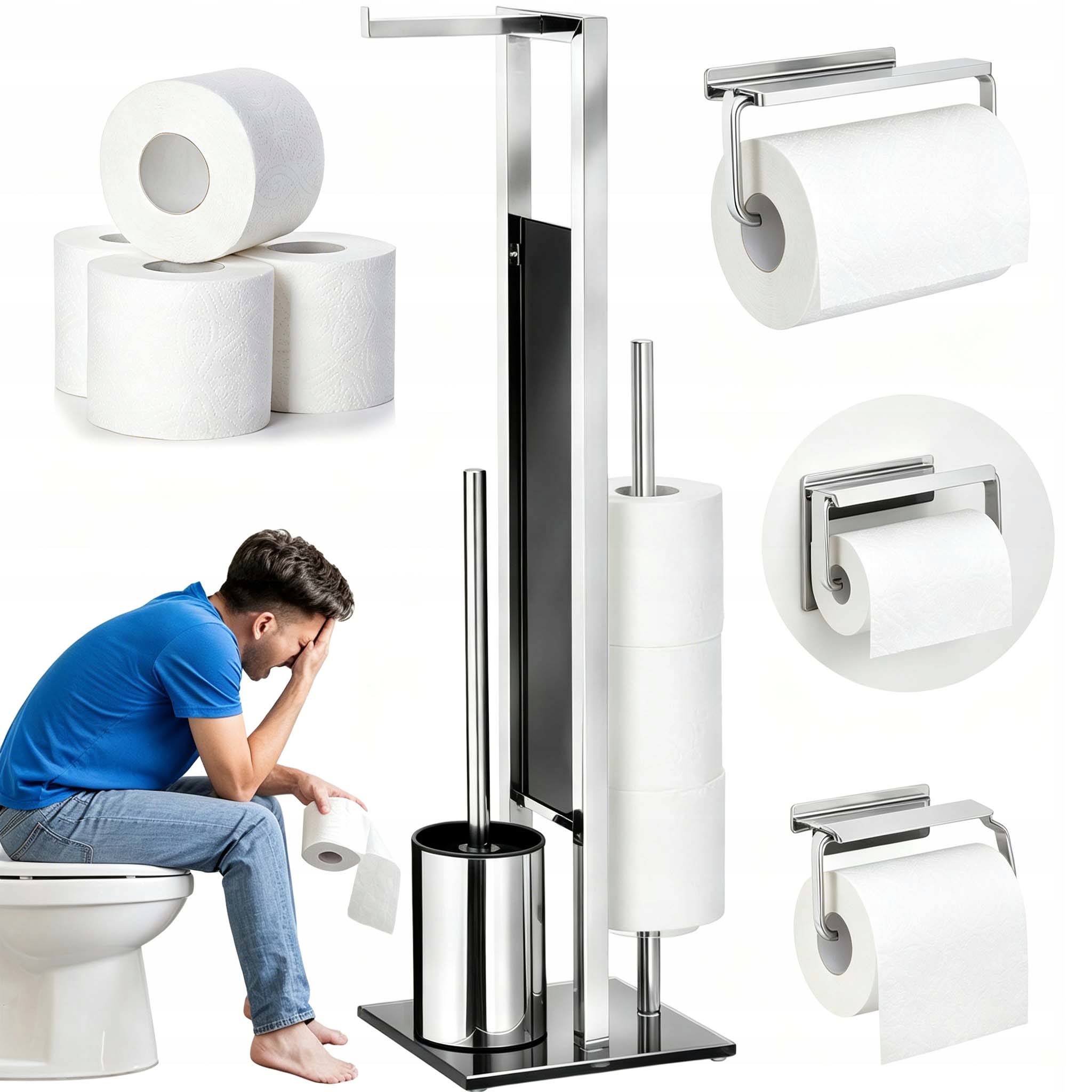 Vysoký Wc Kartáčový Stojan Na Tři Role Papíru Nerezová Ocel 3V1