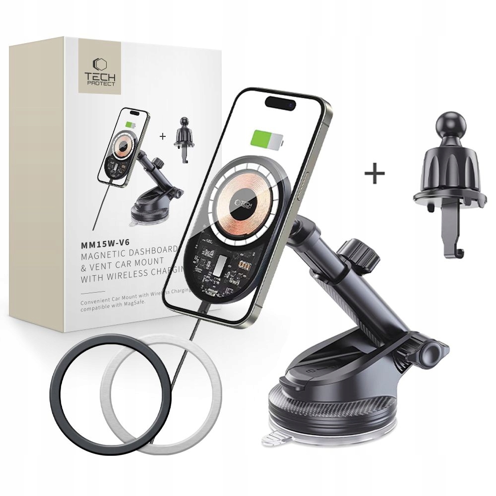 Tech-protect MM15W-V6 Magnetický Držák Do Auta Na Palubní Desku A Ventilaci S Bezdrátovým Nabíjením Magsafe
