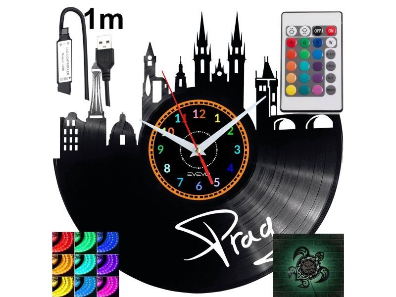 Prag Led podsvícené nástěnné hodiny Rgb na dálkové ovládání Vinylová deska Moderní