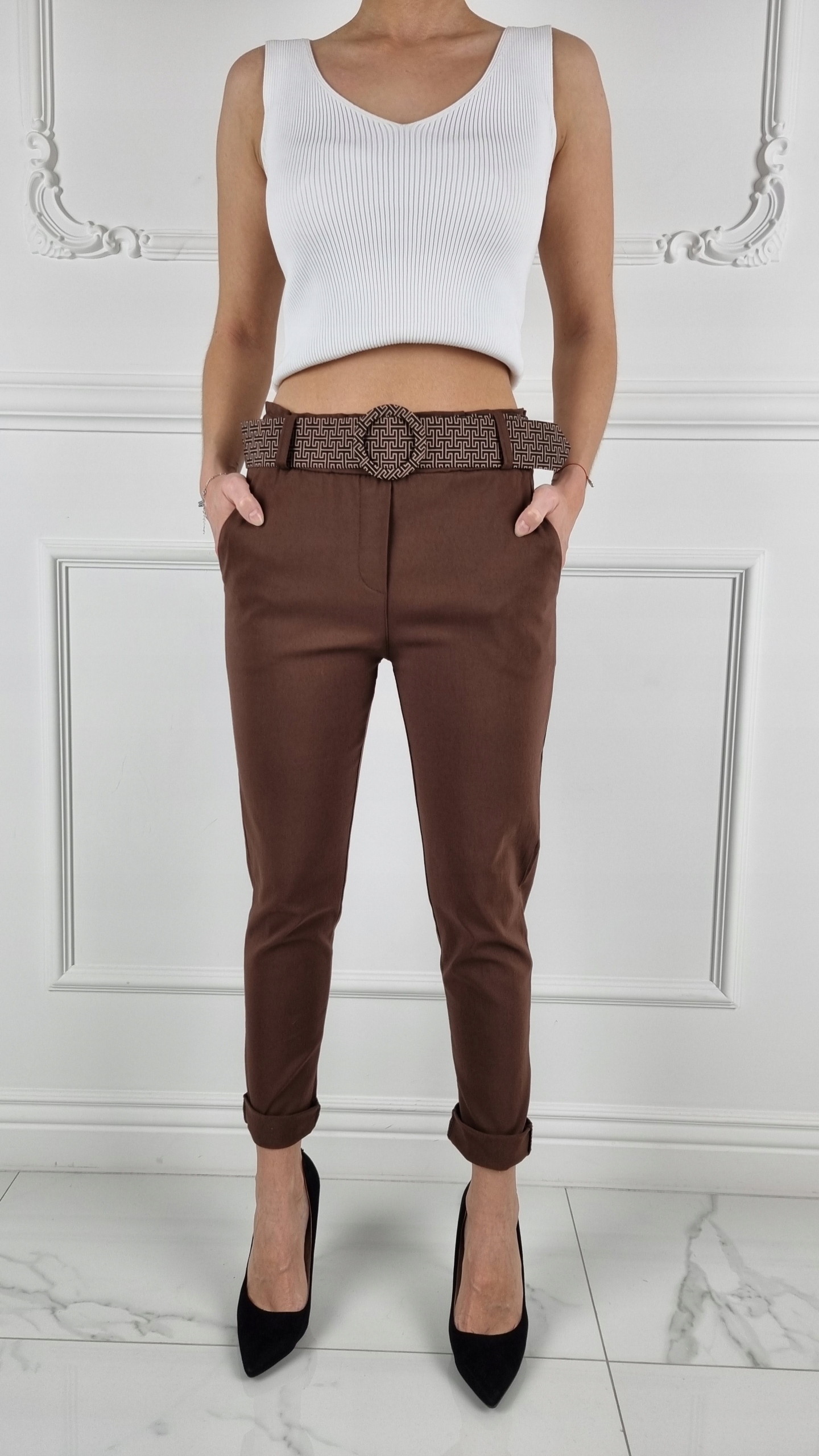 #ELASTYCZNE - SPODNIE - DAMSKIE - W GUMKĘ - PASEK# Stan (wysokość w pasie) wysoki