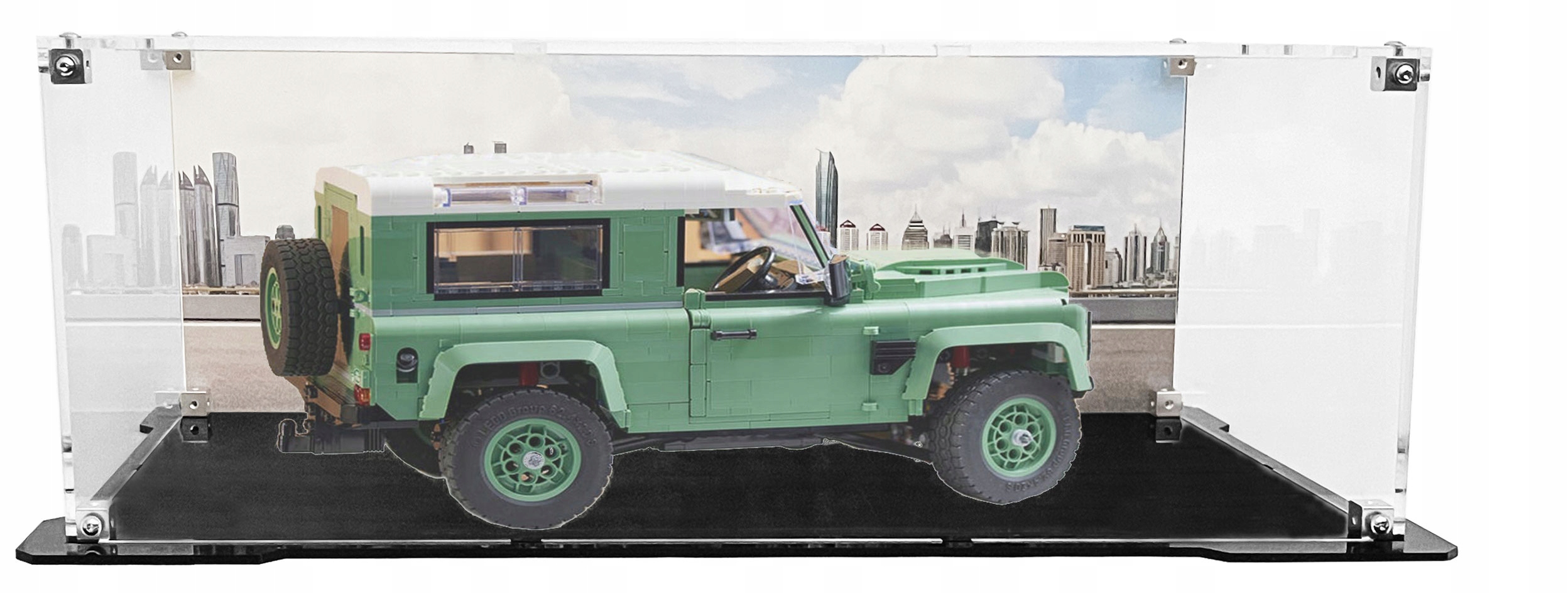 Vitrína s černou základnou a pozadím pro sadu Lego 10317 Land Rover Defender