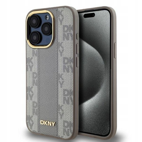 Pouzdro Dkny Leather Checkered Mono Pattern MagSafe pro iPhone 15 Pro Max béžové