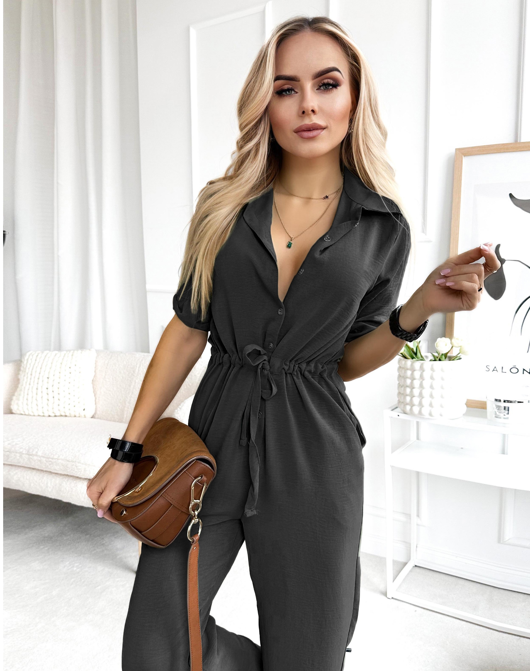 Elegancki KOMBINEZON DAMSKI letni krótki rękaw kołnierzyk Kolor czarny