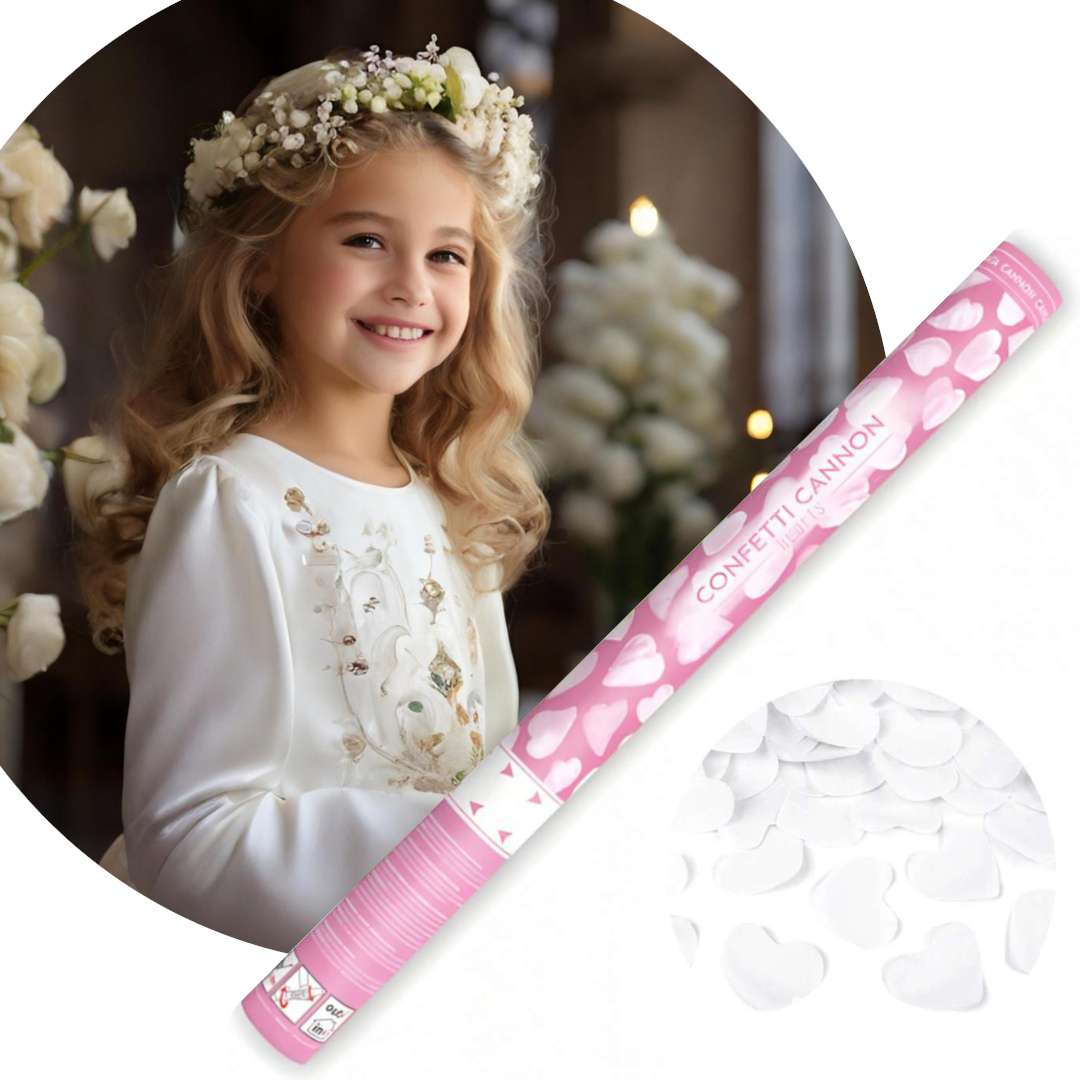 Tuba strzelająca białymi SERCAMI 60 cm NA KOMUNIĘ konfetti ślub serduszka