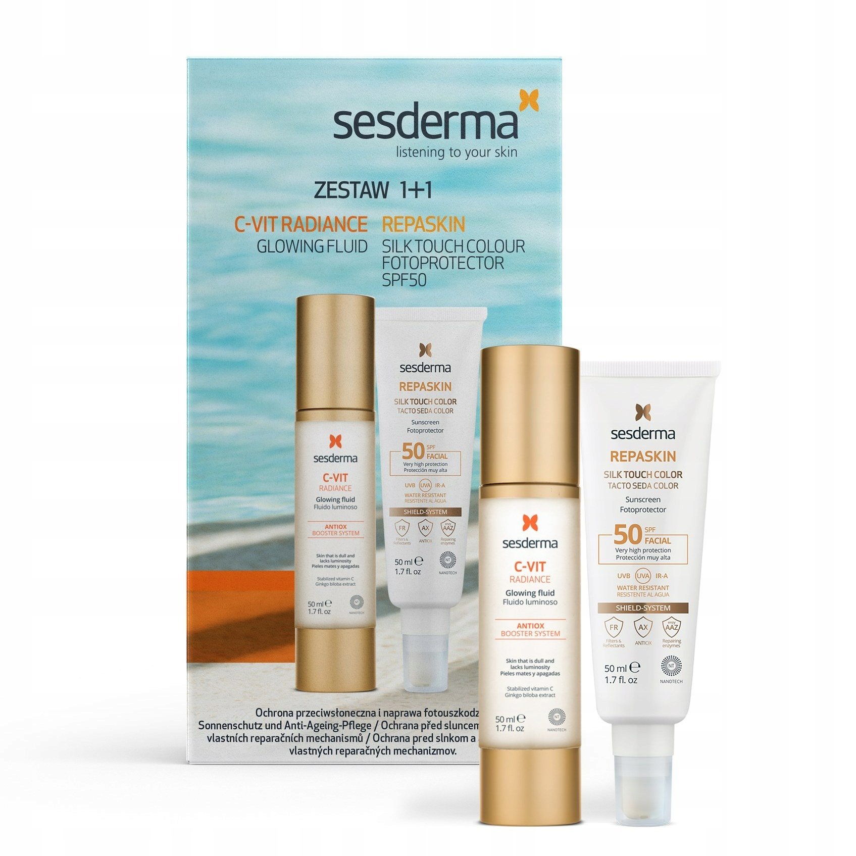 Sesderma zestaw Repaskin silk touch Spf 50 50ml C-vit radiance fluid 50ml