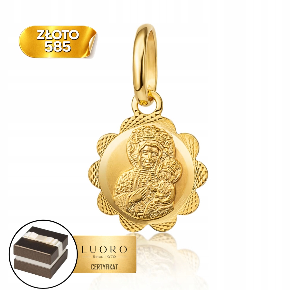 Zlatá medaile 585 14K Panna Maria Čenstochovská Kolo 1,7 CM Elegantní