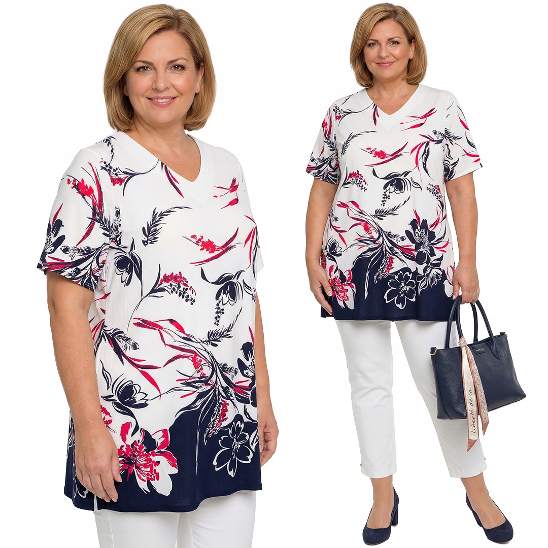Bílá tunika s granátově růžovým vzorem plus size velikost 60/62