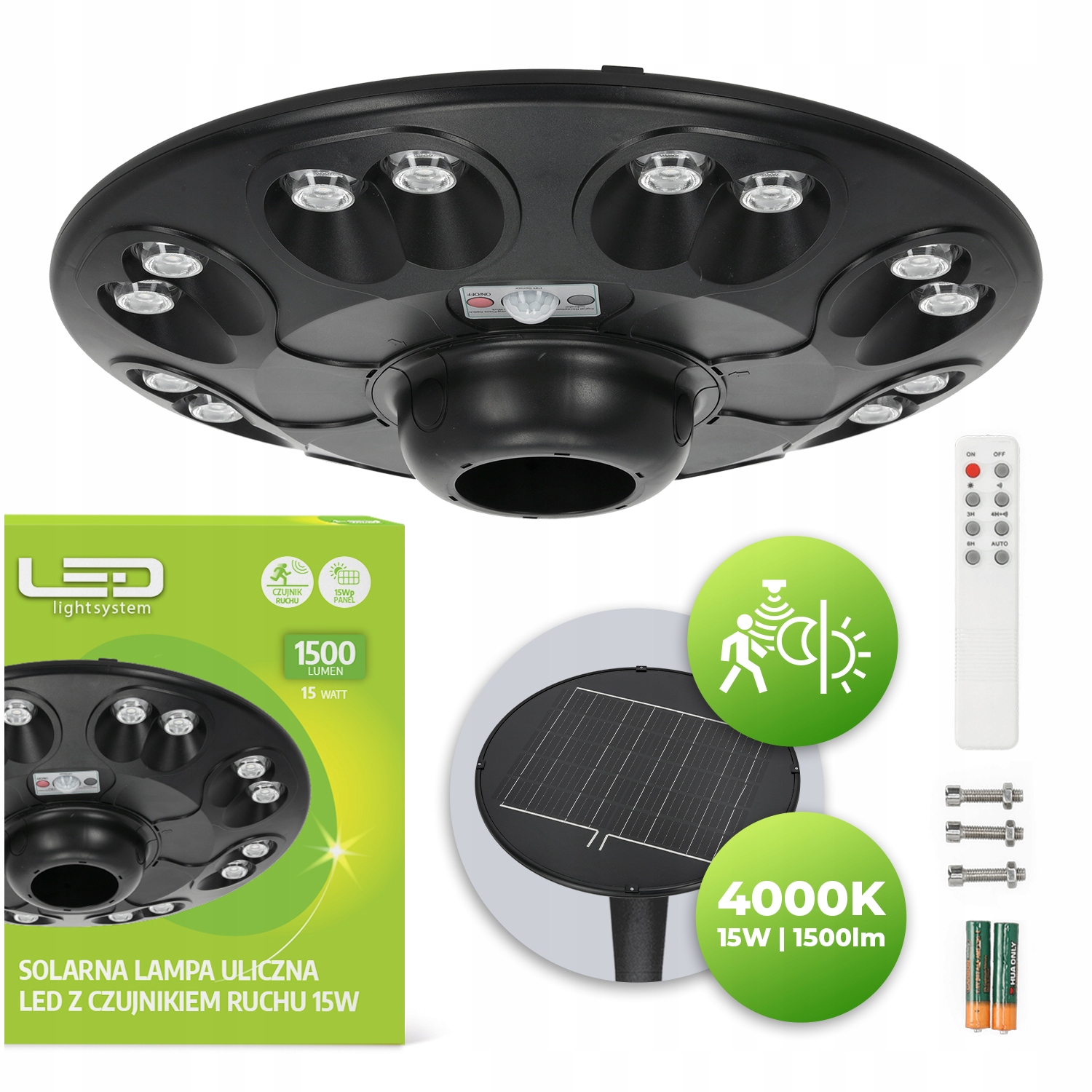 Solární Lampa Led pouliční parkovací lampa 15W Dálkové ovládání Snímač pohybu a soumraku