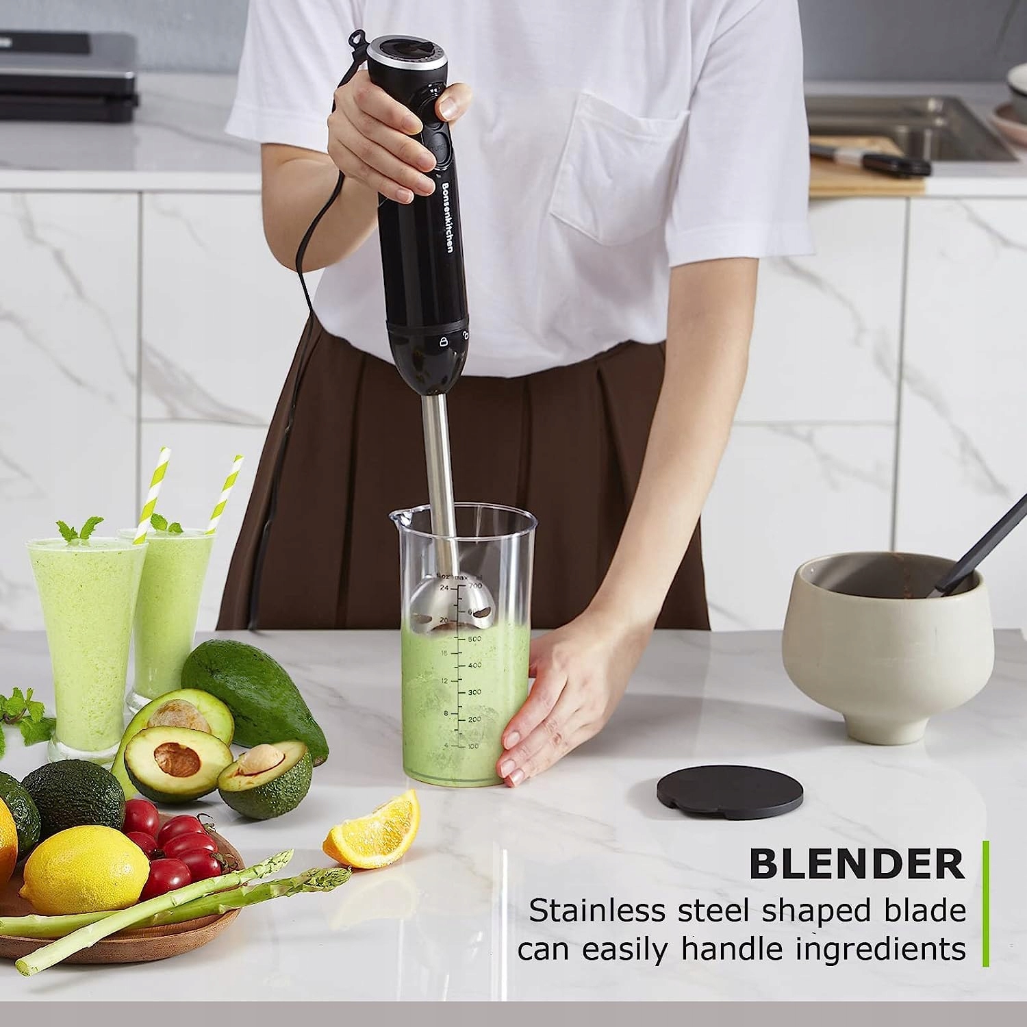 BONSENKITCHEN Blender Ręczny 1000W Stalowy Do Zup Smoothie Püree HB3201 — miniatura 7