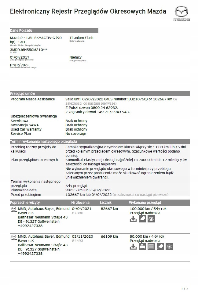 MAZDA VIN Historia Serwisowa Przebieg ASO PDF 7/7 Marka Mazda