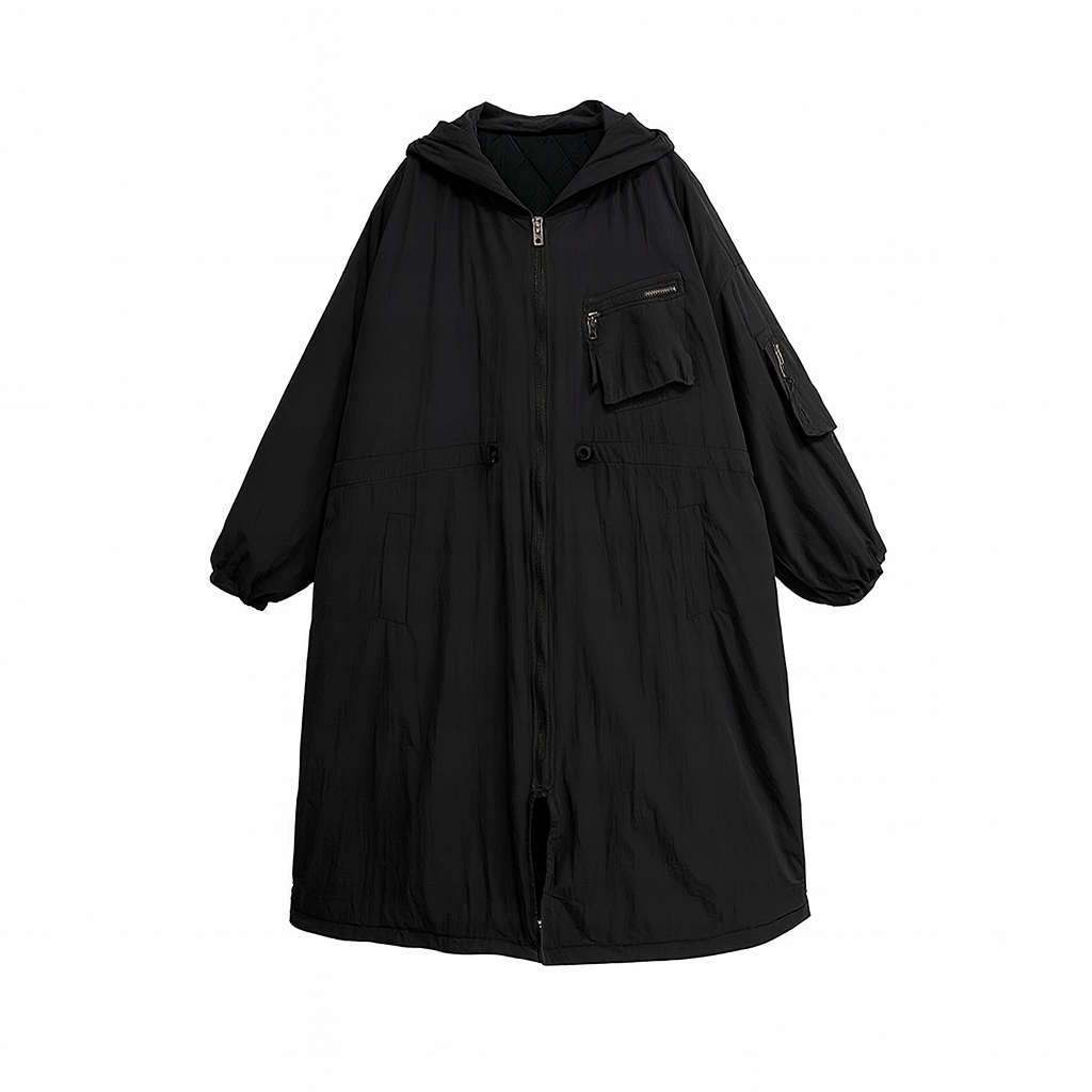 0017 Oversize streetwearová bunda s kapucí – dlouhý kabát, korejská móda