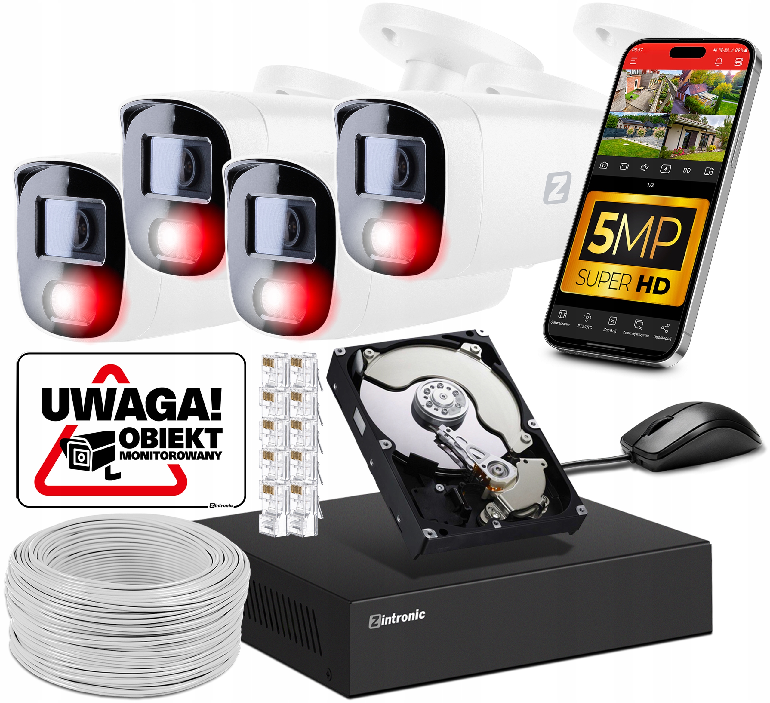 Zestaw Kamer Do Monitoringu 5MPX Ip Poe 4 Kamery 1TB Audio Detekcja Ludzi