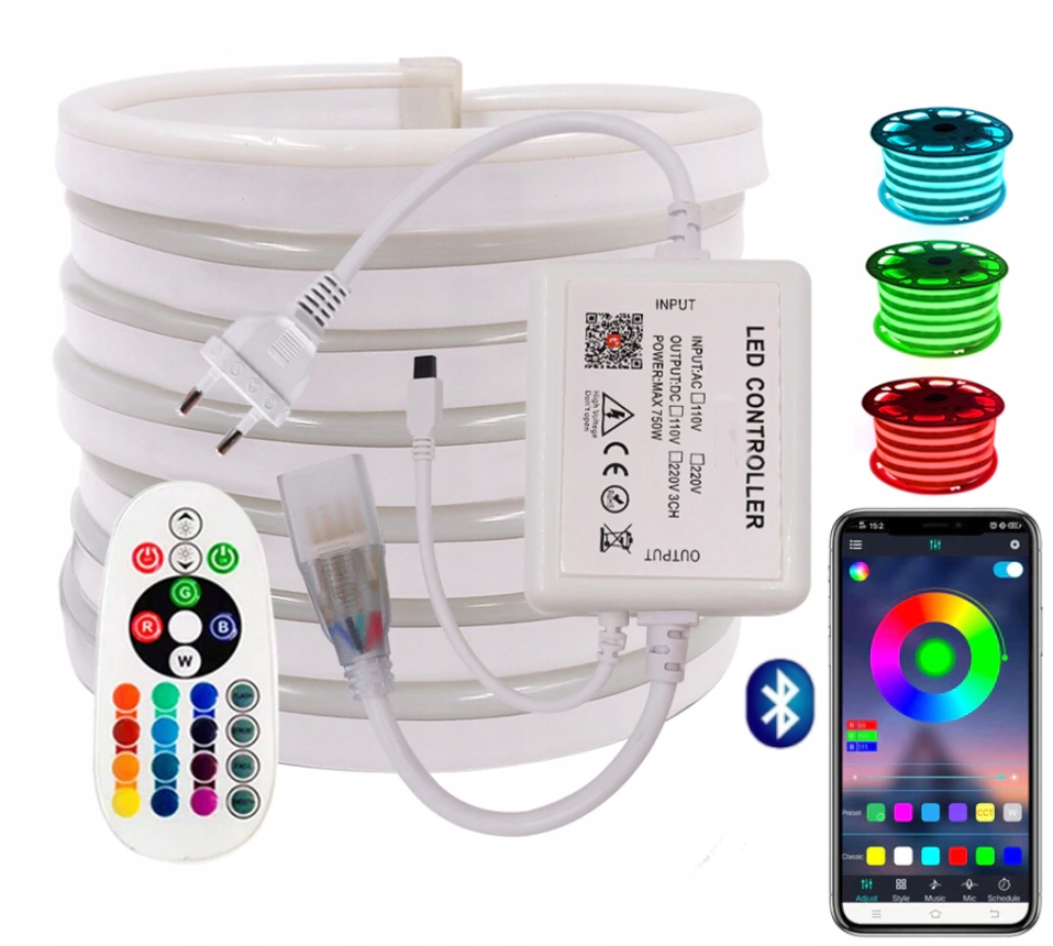 Sada Neon Rgb 60 LED/m 25 m Dálkový Ovladač 230V bluetooth