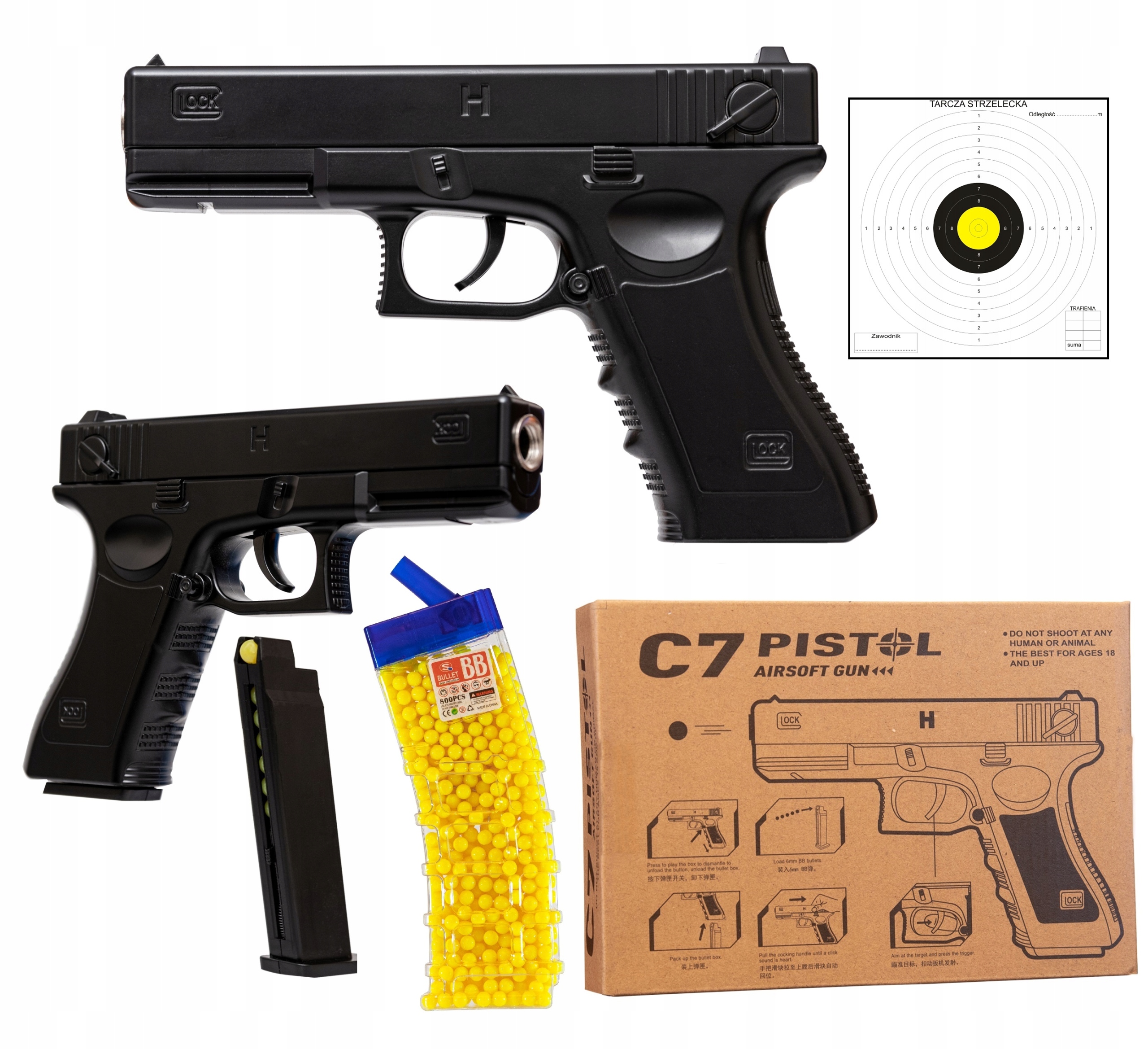 

Pistolet Na Kulki Metalowy Glock 800 Kulek Tarcza