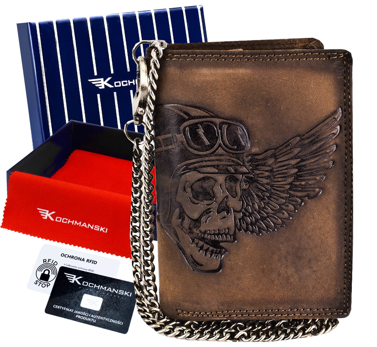 

Kochmanski portfel męski skórzany z łańcuchem Rfid