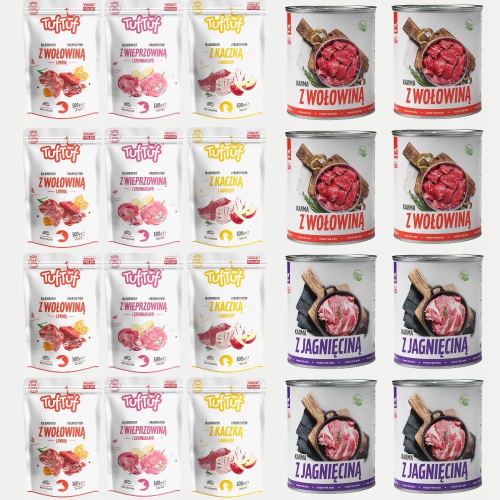 Levně Vlhké Krmivo Tuf Tuf MIX Sáček 12x500G|PLECHOVKA 8x800G Hovězí Jehněčí Maso