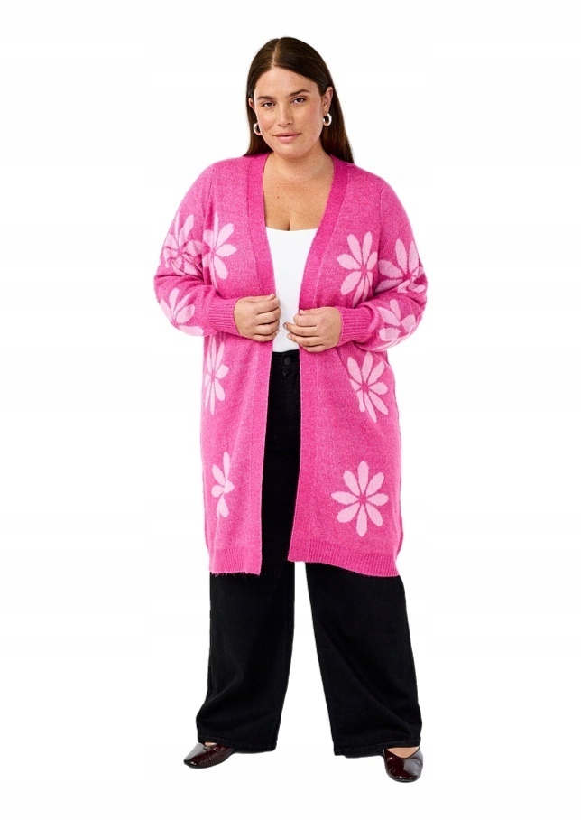 Zizzi Dlouhý Svetr Kardigan Růžový Květy 410B 52