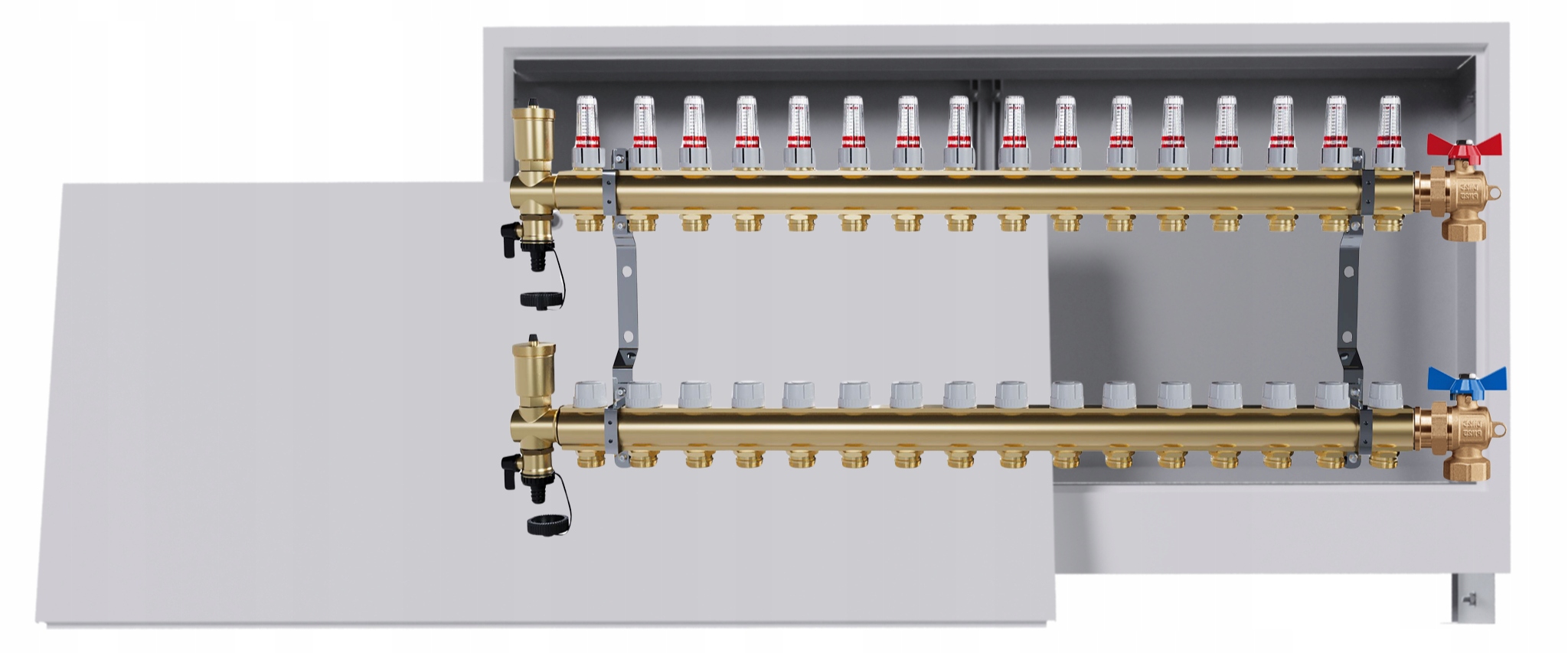Rozdělovač podlahových krytin mosazný 16 okruhů podomítková skříň 2 ventily