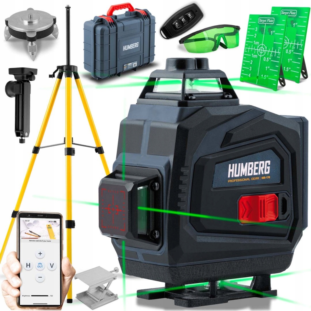 Křížový laser Humberg HM-170, stativ, kufr, 16 linek, 2 Akumulátory
