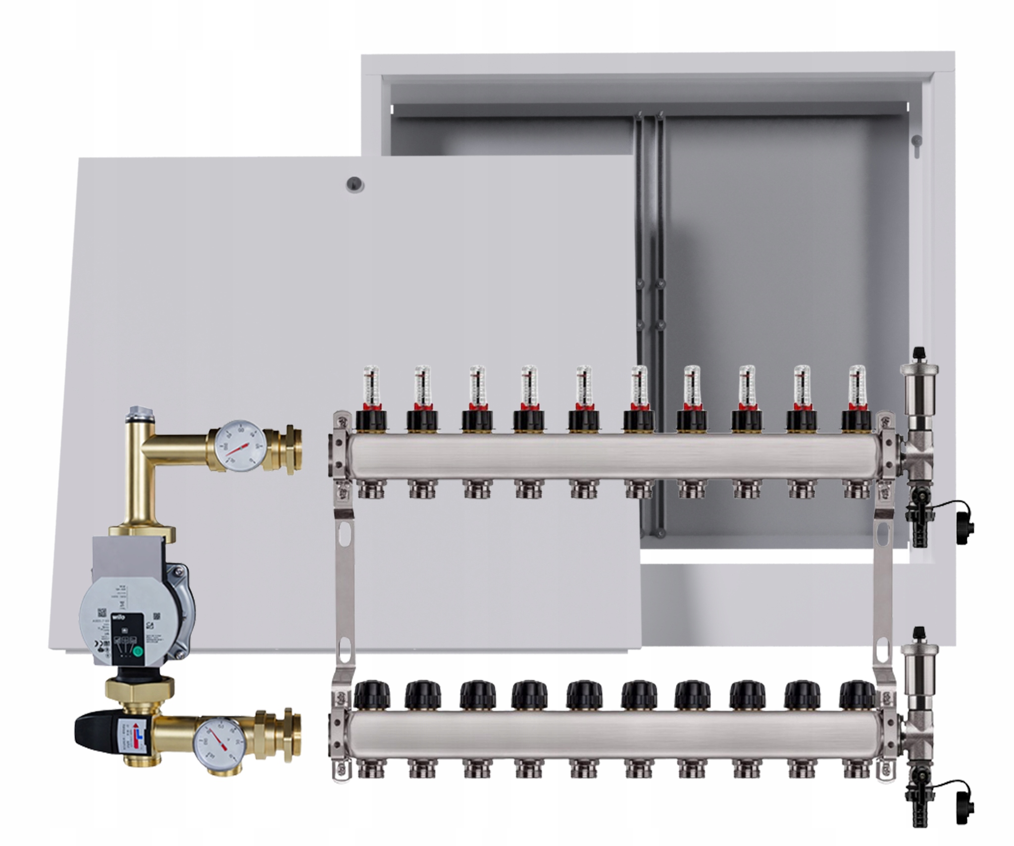 Nerezový rozdělovač pro podlahovku 10 s nástěnným boxem Pumpa Wilo