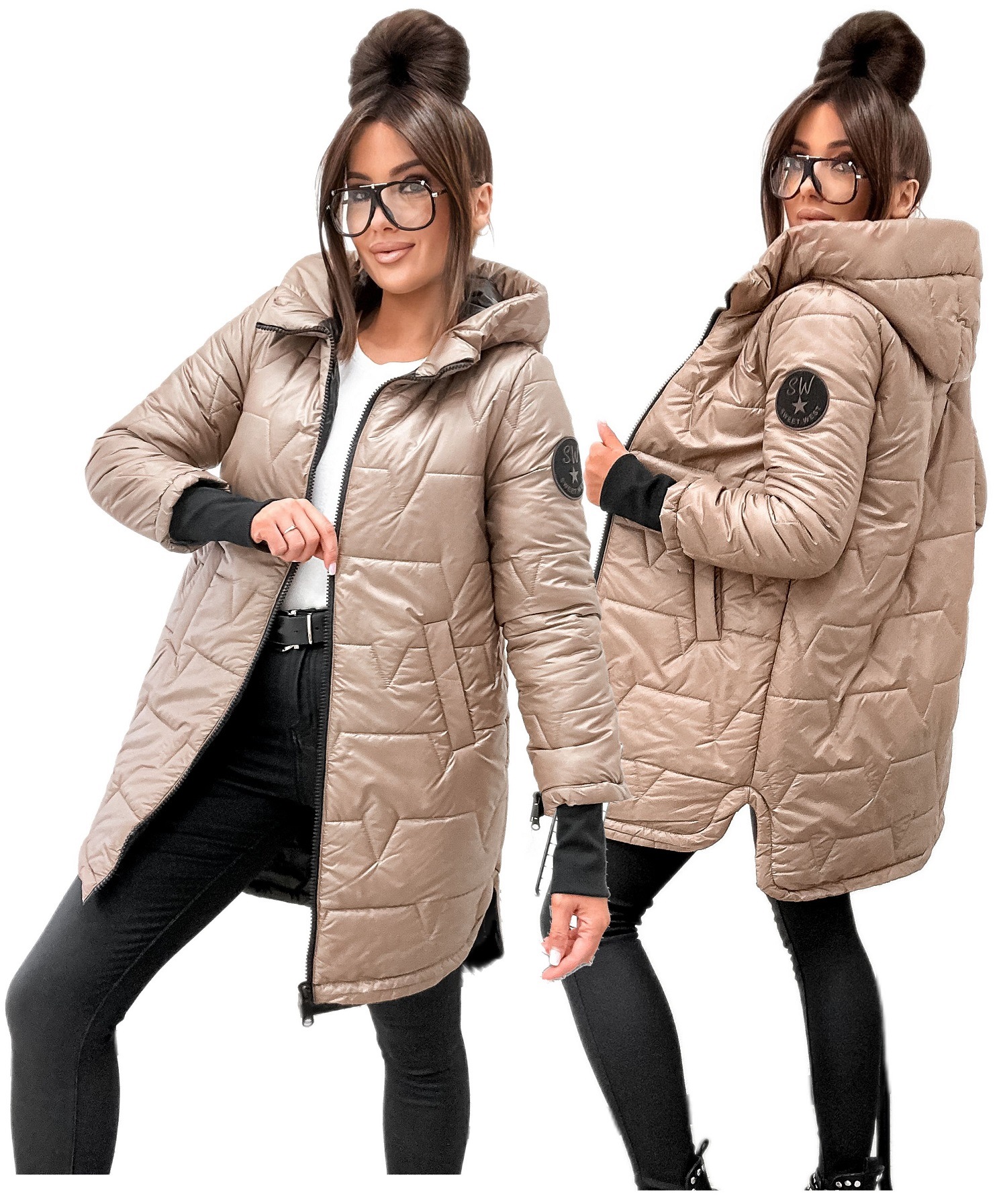 Kurtka Jesienna Damska Przejsciowa Parka Pikowana Jasny Brąz 6015 Roz. XXL