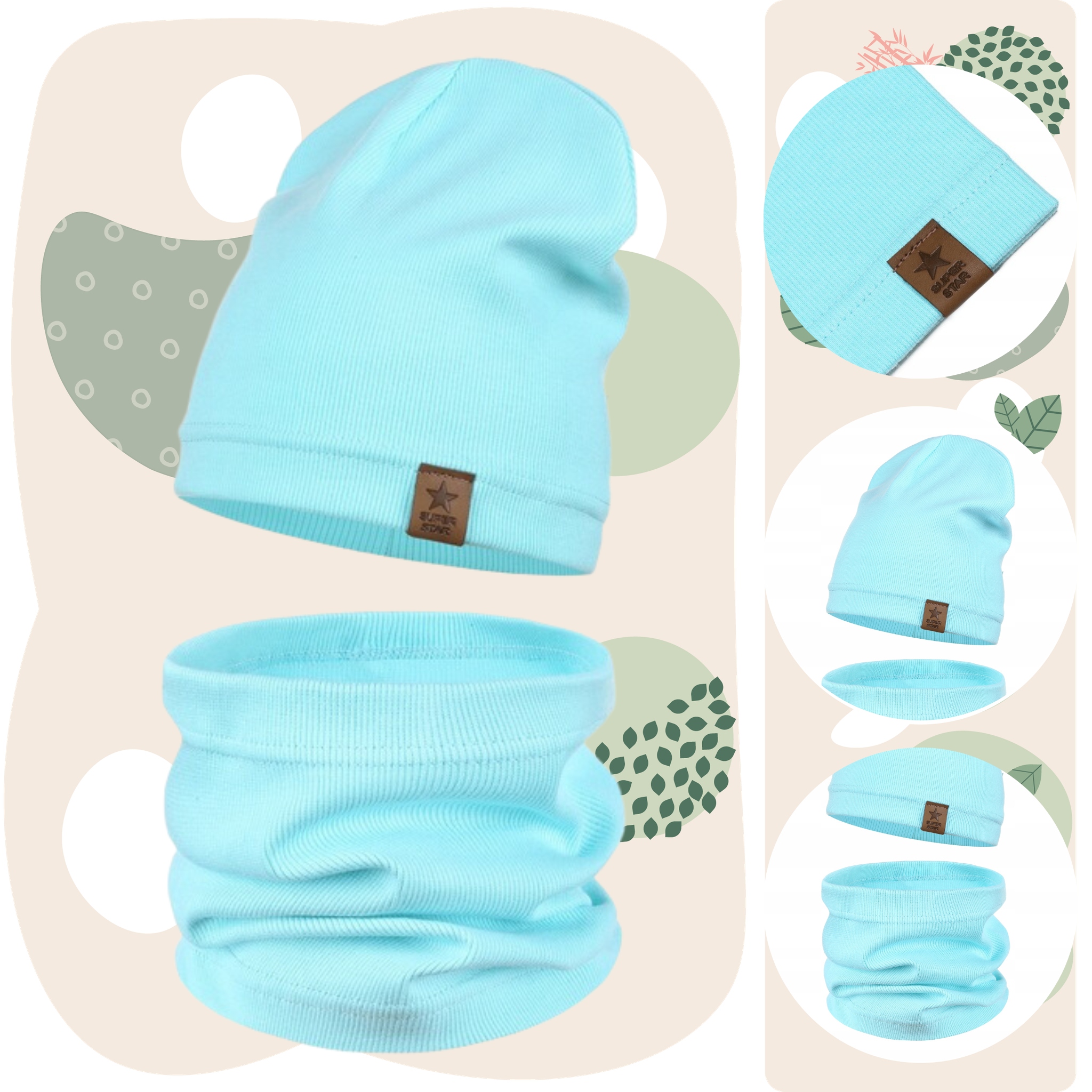 KOMPLET DZIECIĘCY BAWEŁNIANY CZAPKA KOMIN NA JESIEŃ ZIMĘ TURKUSOWY 48-52 Płeć chłopcy dziewczynki