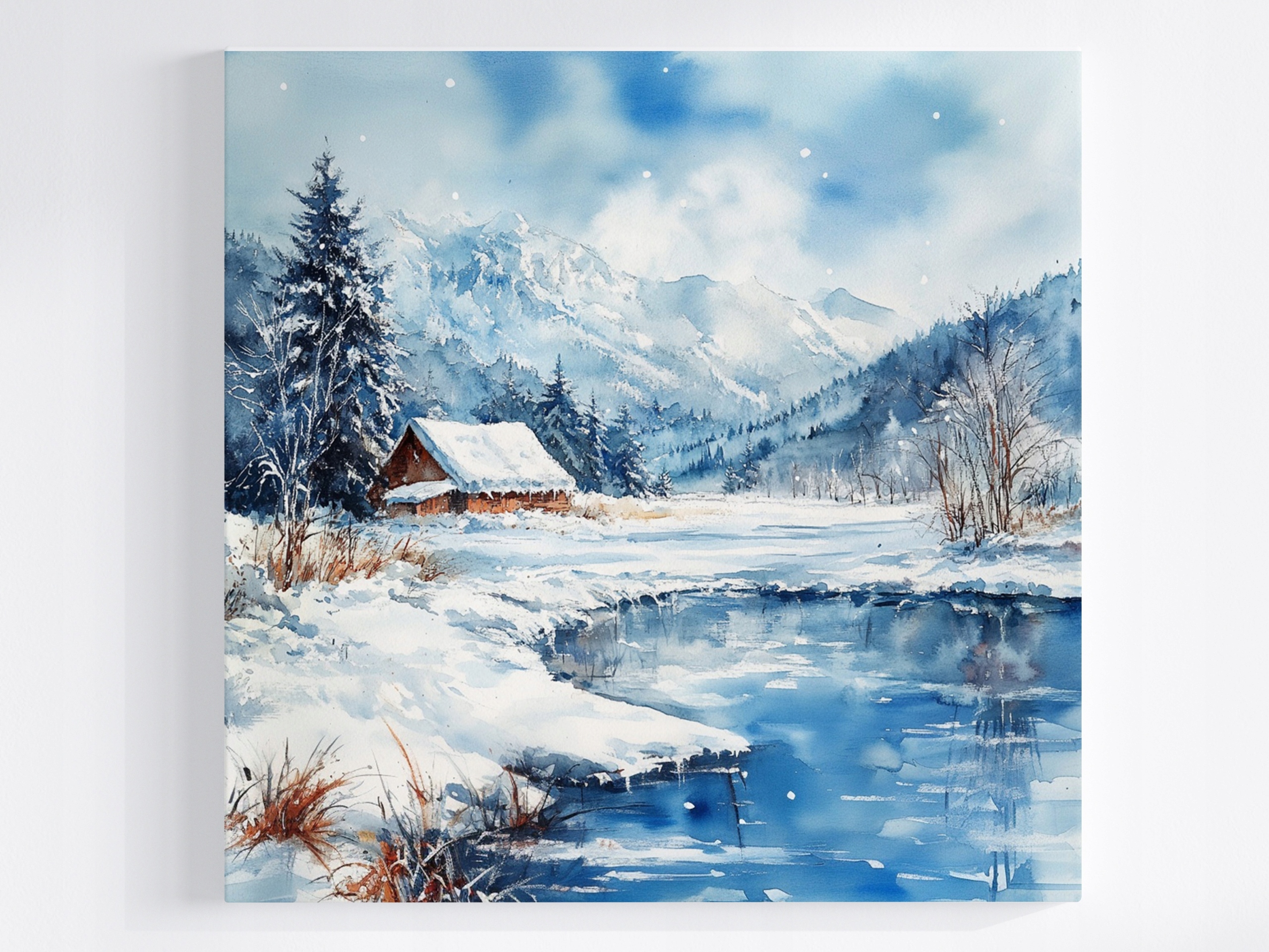 Obraz Na Plátně Canvas Krajina Hory Rybník Dům Zima Sníh 60x60