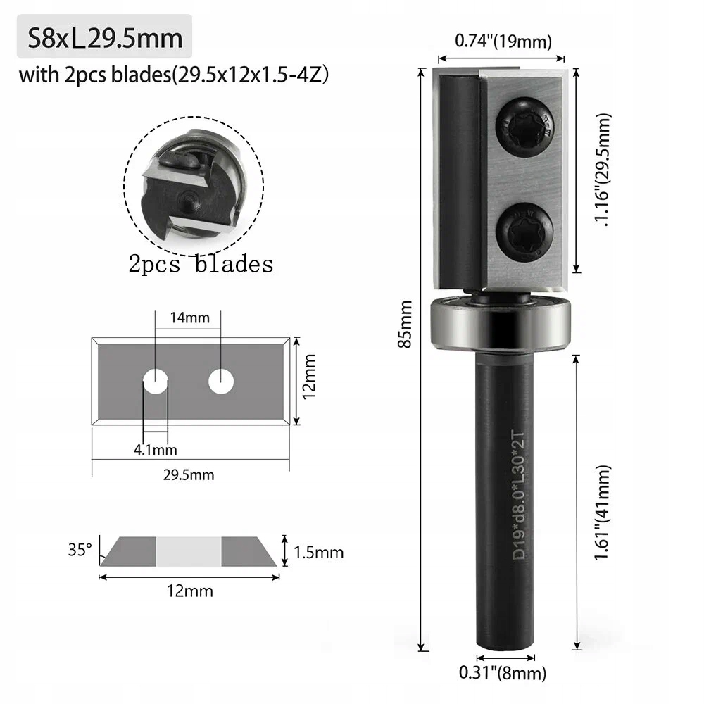 Frez prosty do drewna 2P trzpień 8 mm fi 19,05 x 29,5 z łożyskiem 1L