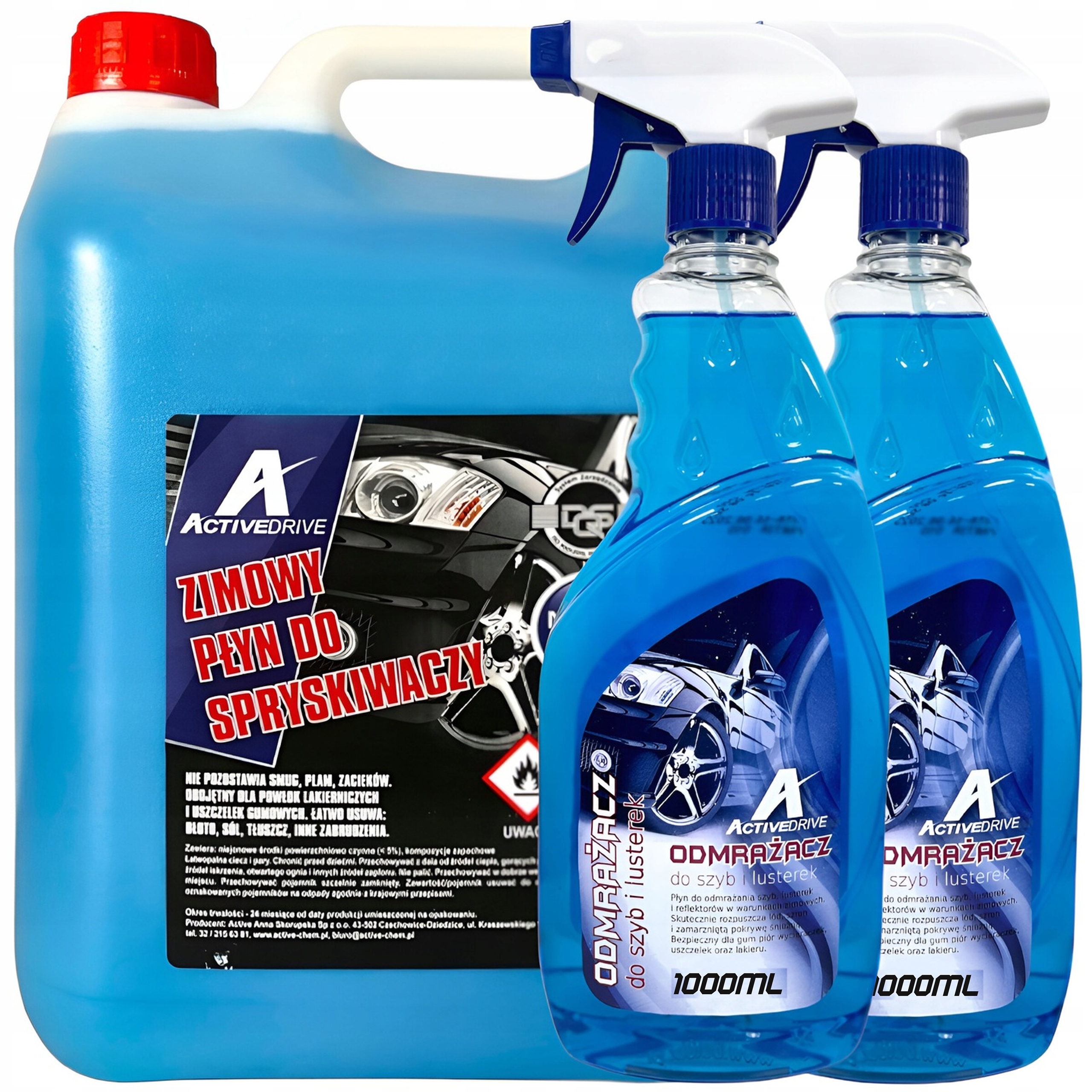 ZIMOWY ZESTAW PŁYN DO SPRYSKIWACZY 5L 2x ODMRAŻACZ DO SZYB LUSTEREK 1000ML