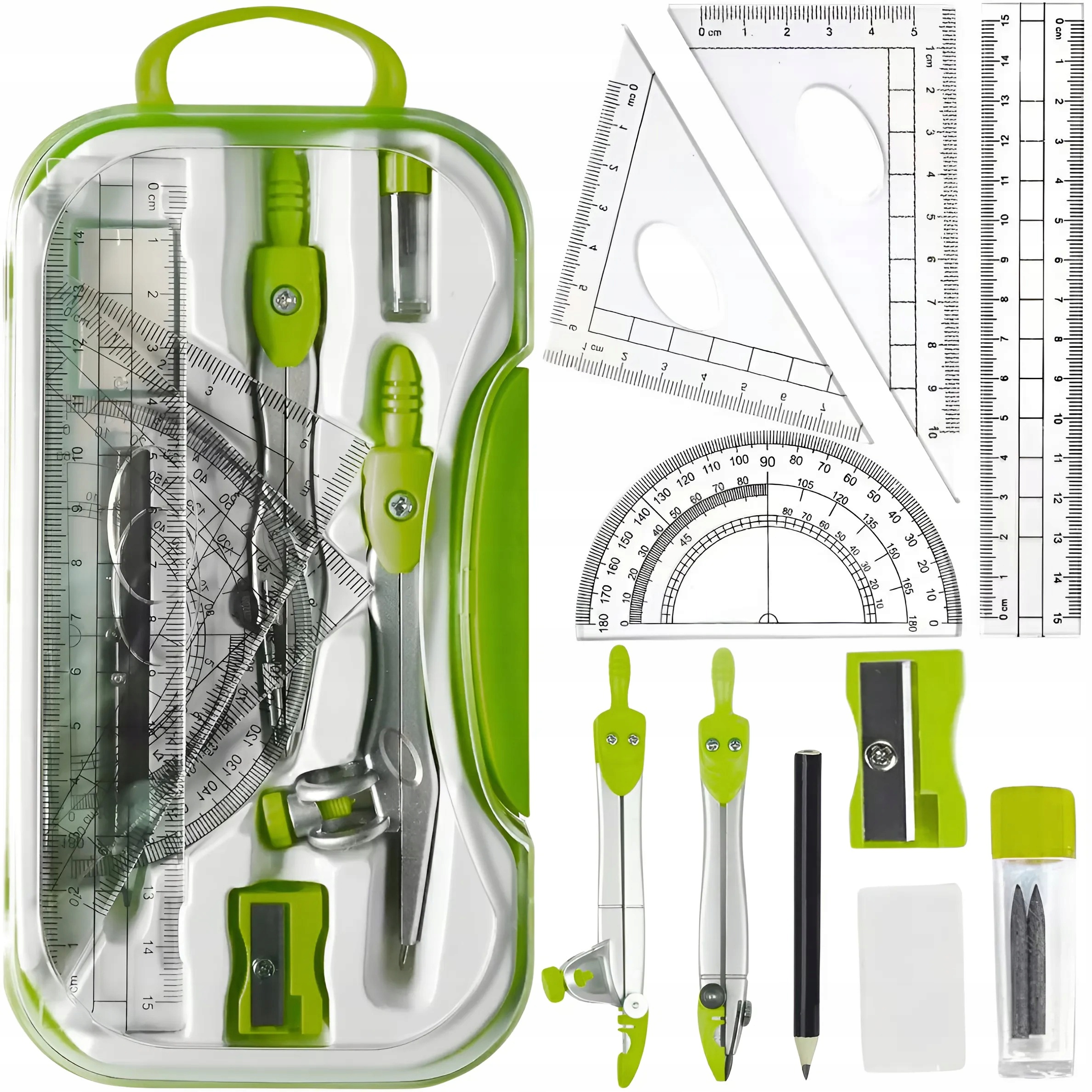 ZESTAW GEOMETRYCZNY 10 ELEMENTÓW CYRKIEL LINIJKI DO KREŚLENIA DO RYSOWANIA