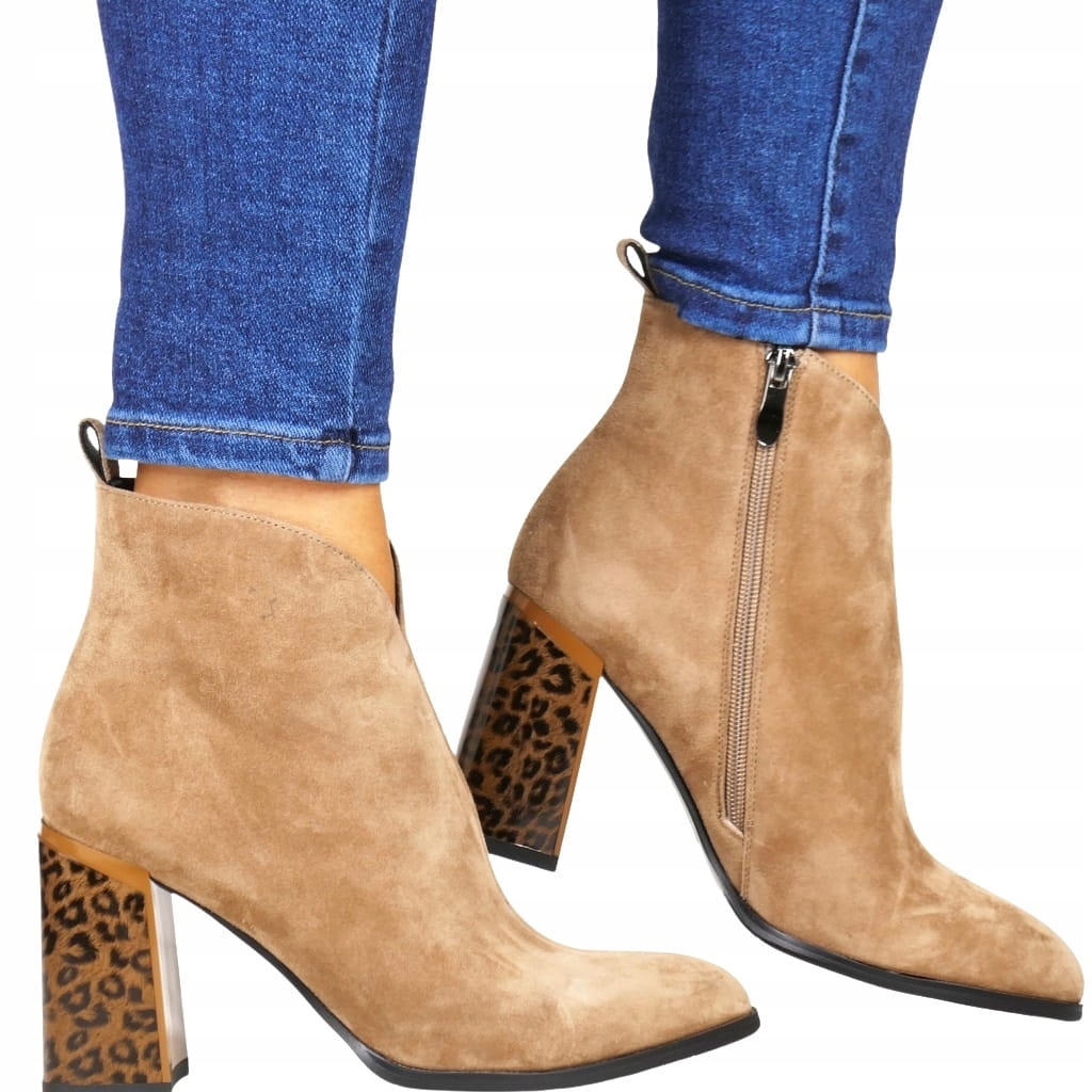 Dámské Kotníkové Boty Na Podpatku Elegantní Panterka Béžová Semišová Kůže