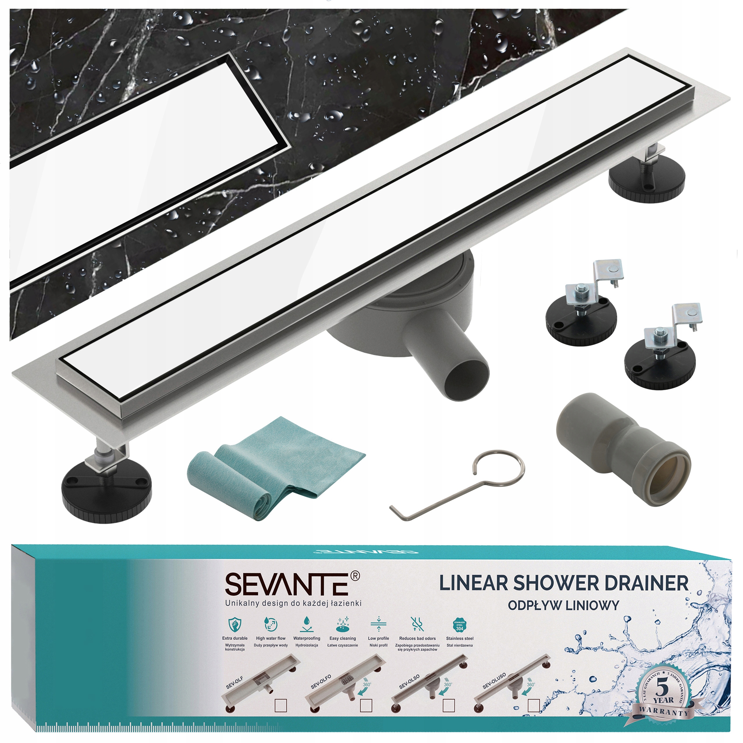 Lineárny odtok s maskovačom 120 cm Flat biele sklo oceľ 304 otočný sifón