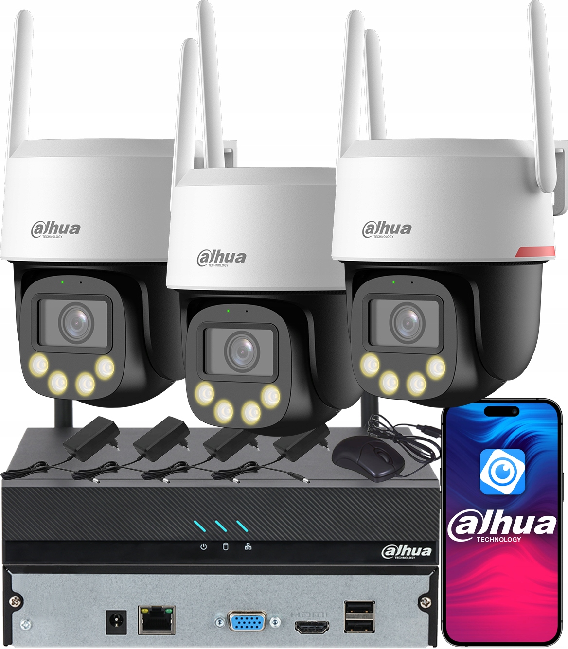 Monitoring Dahua 3x Kamera WiFi 5MPx P5F-PV-PRO WizColor Zewnętrzna Led Ai