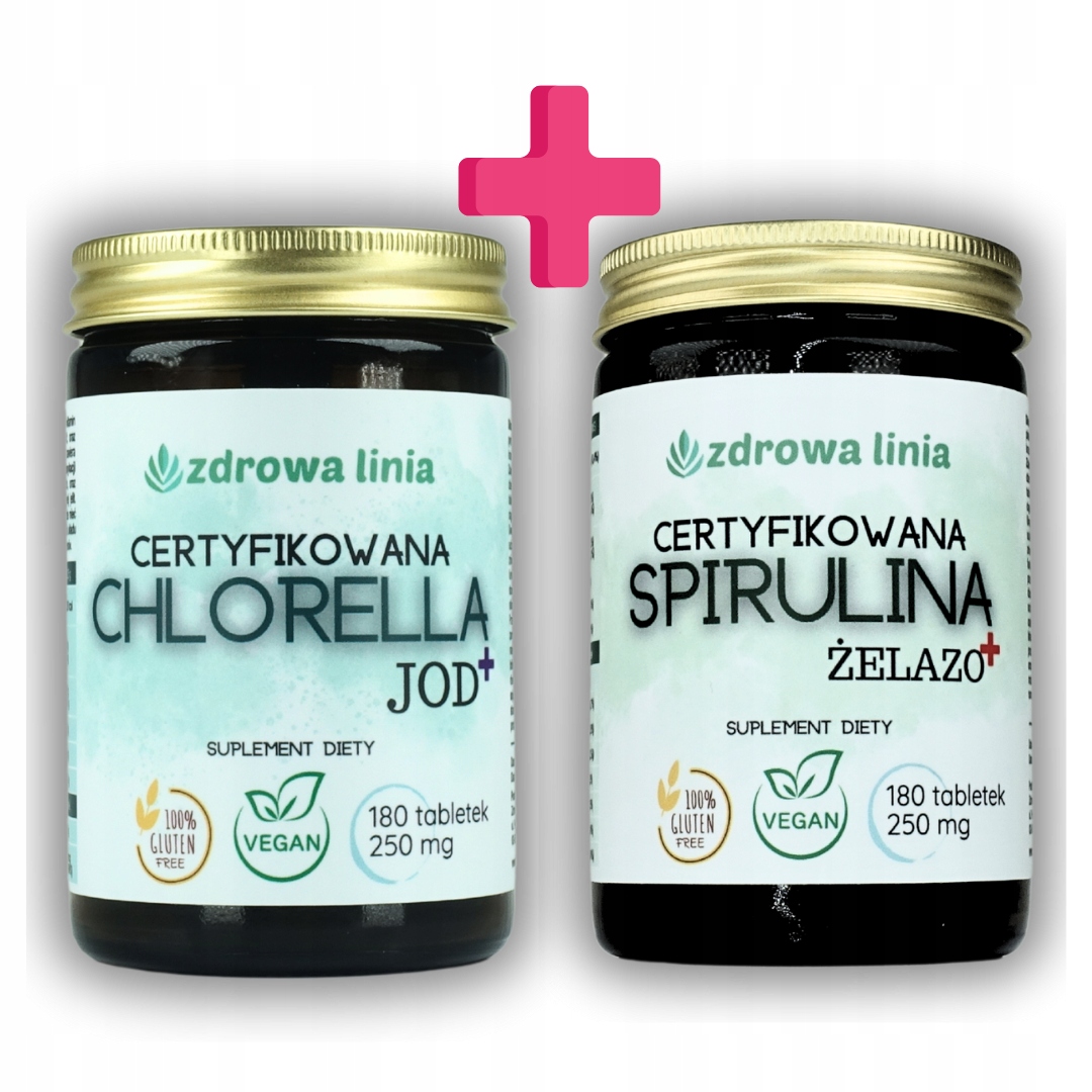 Zestaw Premium CHLORELLA + SPIRULINA ŻELAZO+ JOD+ TABLETKI certyfikat