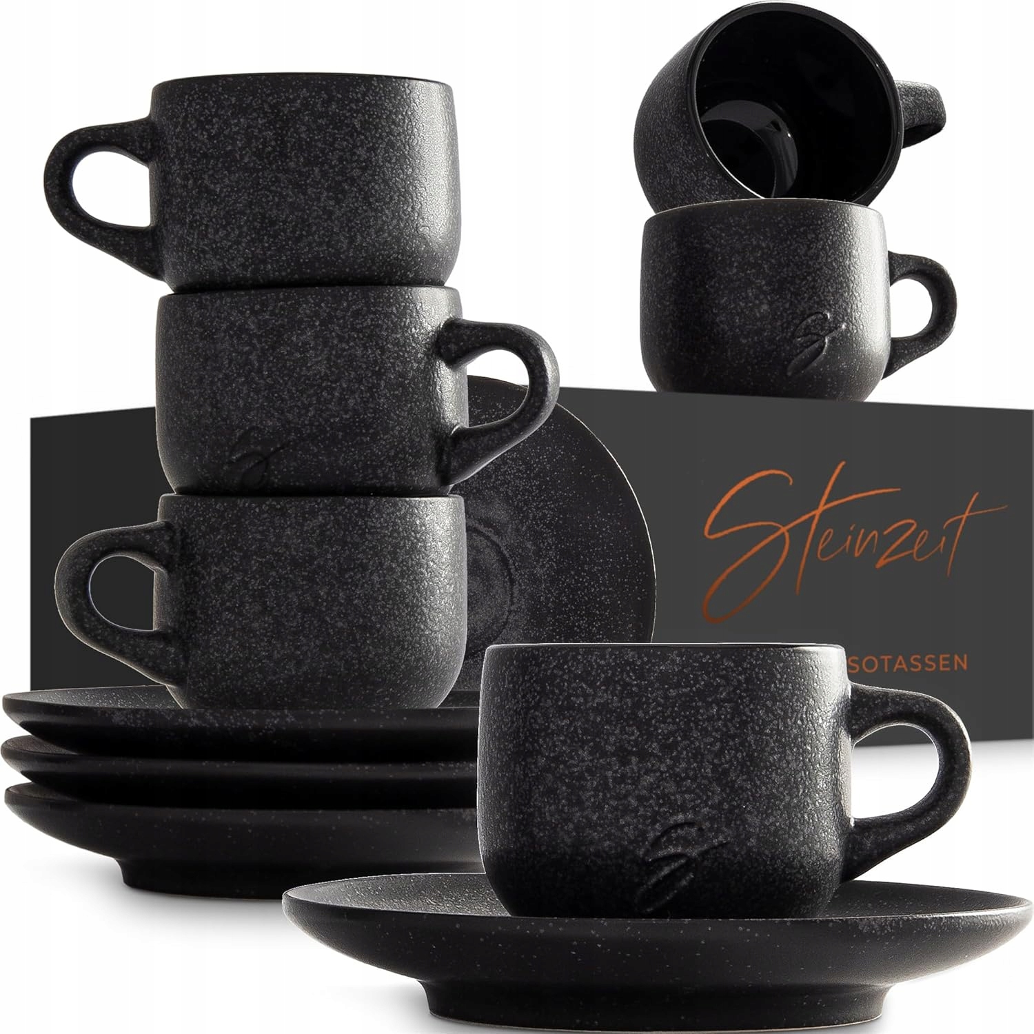 Sada 6 Šálok Na Espresso 80 ML, Ručne Vyrobené Tanieriky, Čierne