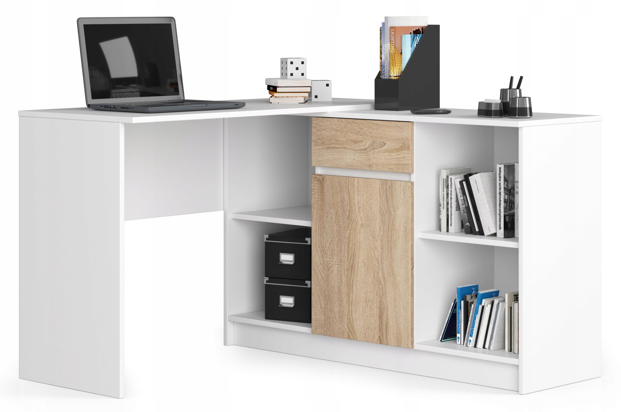 Rohový písací stôl B17 biela-sonoma komoda, sada Akd