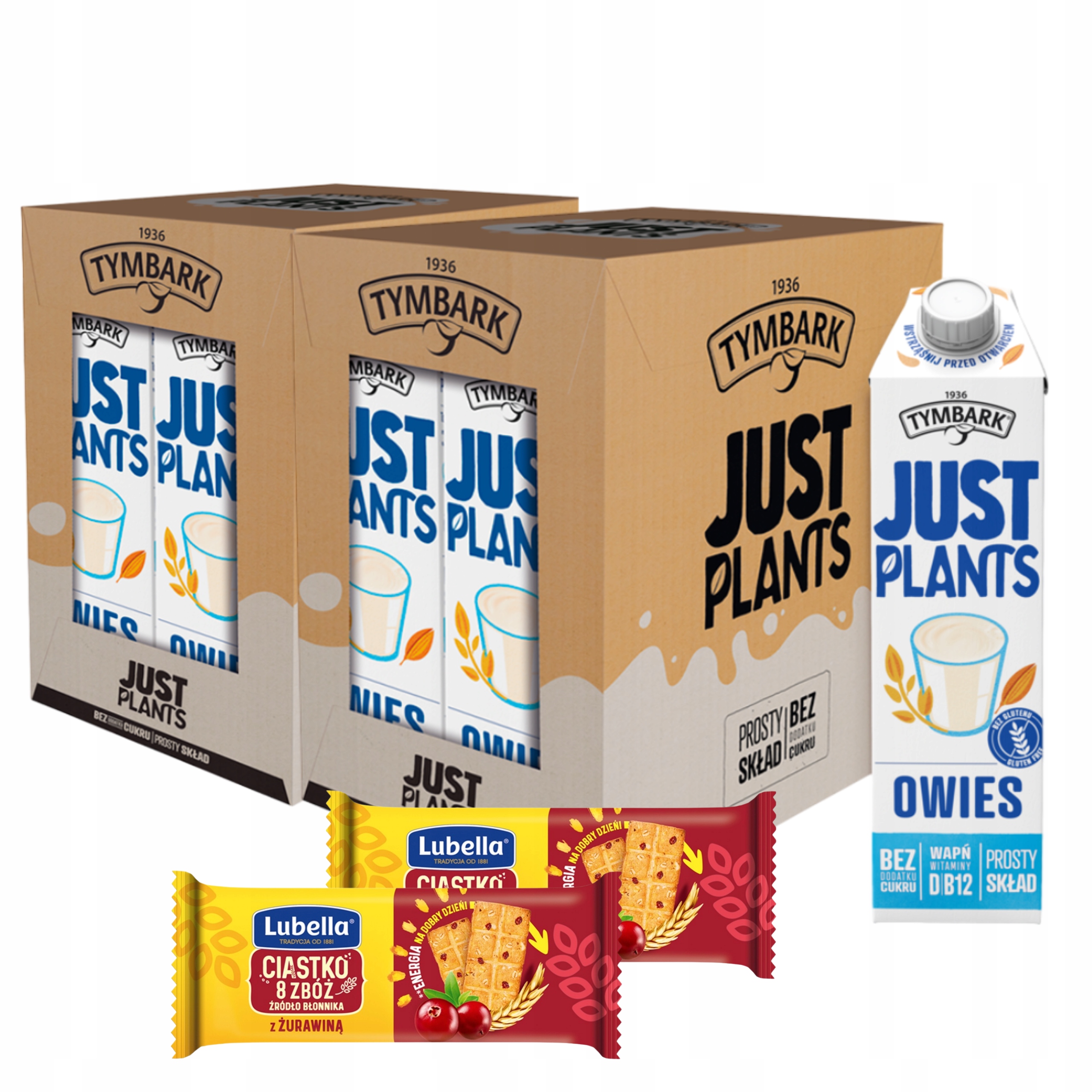 TYMBARK JUST PLANTS OWIES NAPÓJ ROŚLINNY 12x 1l + GRATIS 2x ciastka Lubella