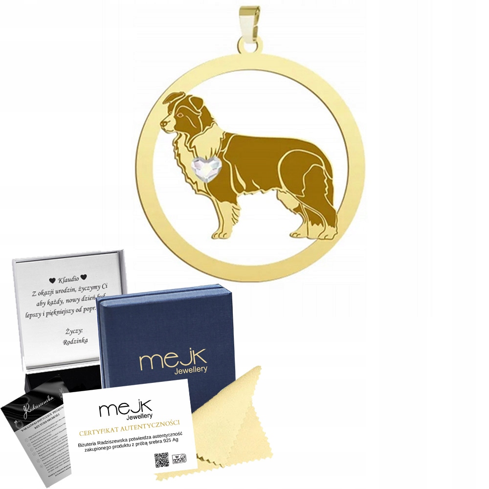 Zlatý přívěsek se psem plemene Border kolie 925 Dárek Žena Gravírování Bonus
