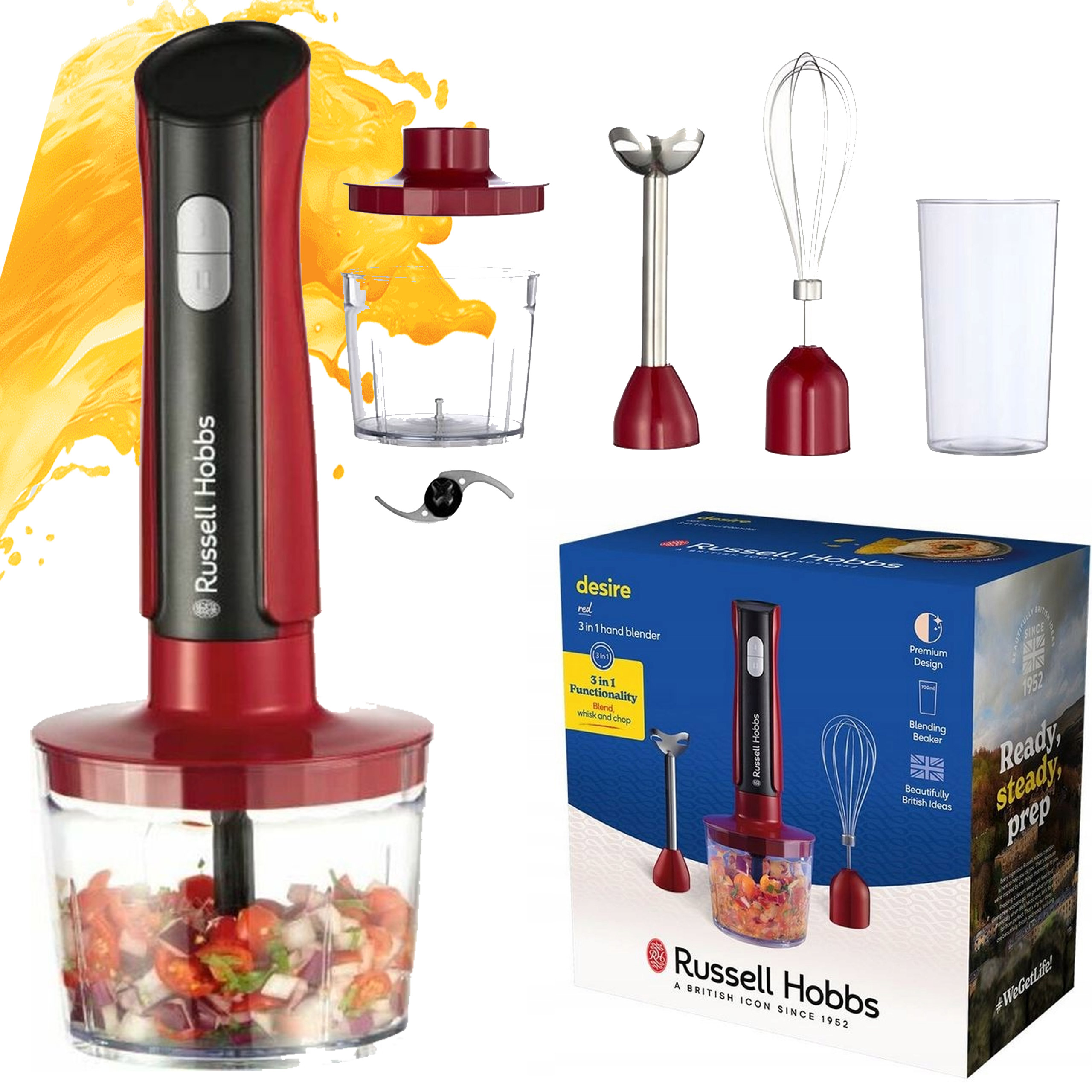 Blender Ręczny Funkcja Miskowania Siekania Russell Hobbs 500W Kielich Miska