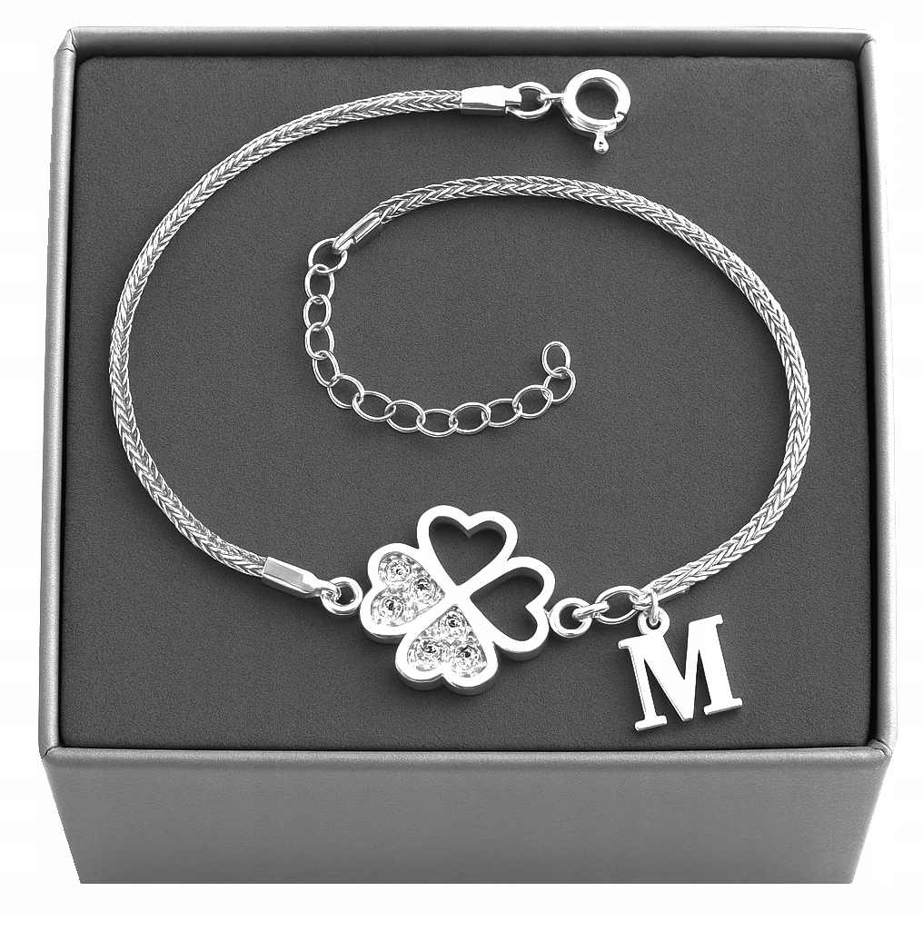 Stříbrný náramek čtyřlístek pro štěstí Písmenko zirkony Krabička Stříbro