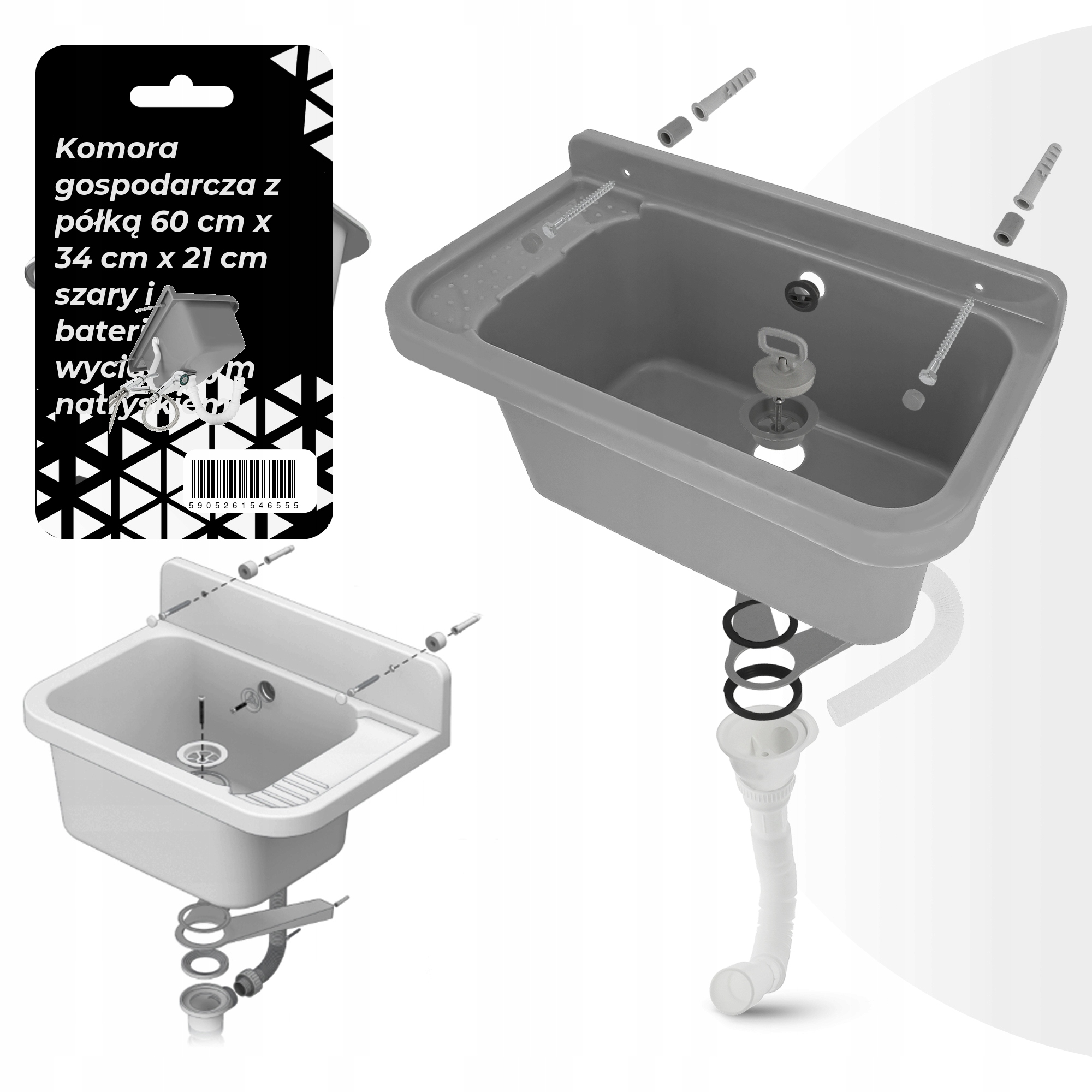 Hospodárska Komora Umývadlo 60 CM Šedá Batéria Polička 6U