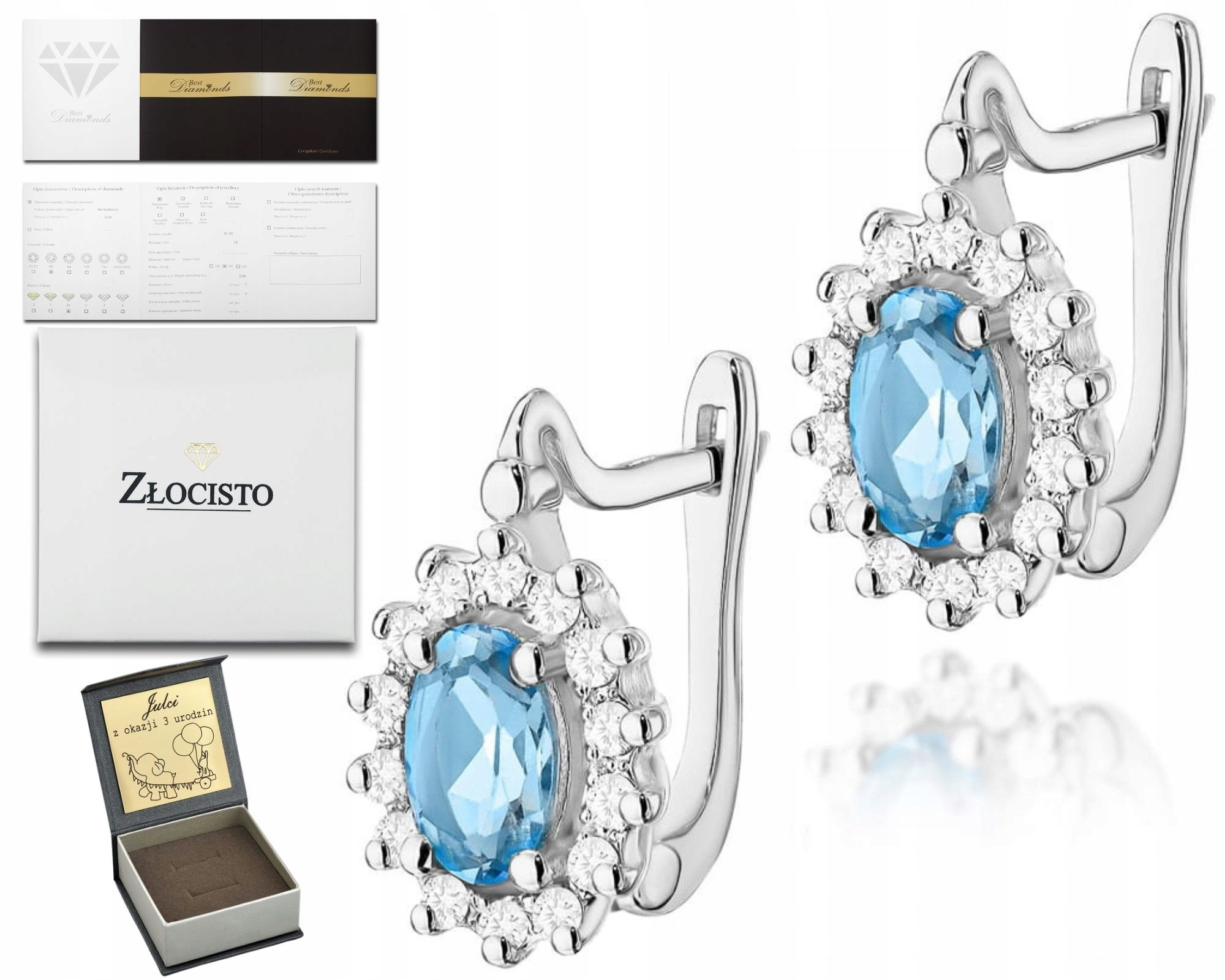 Náušnice V Bílém Zlatě S Modrým Kamenem, Diamanty, Brilianty, Dárek