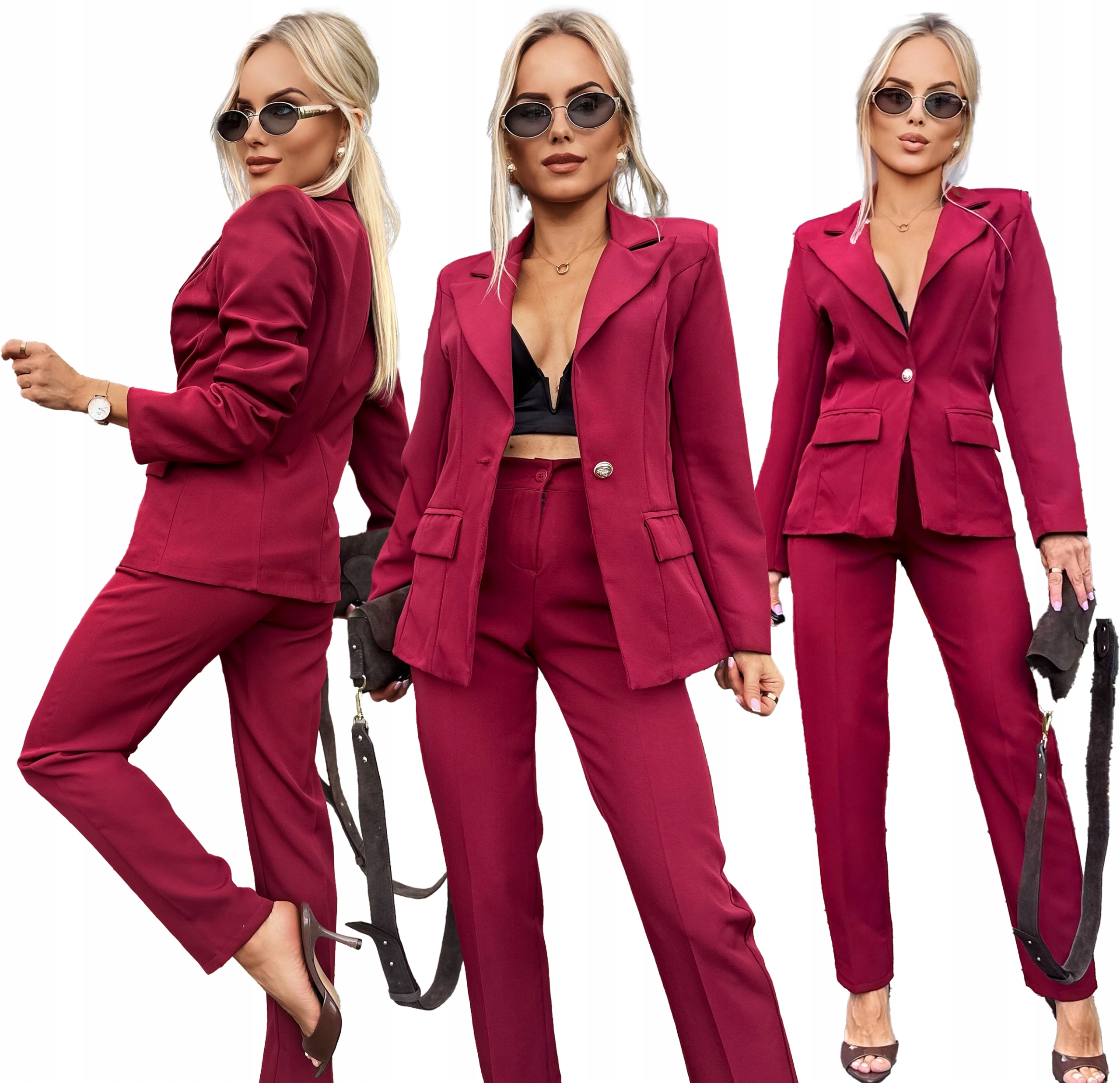 Bordó elegantní dámský sako oblek doutníkové kalhoty L Eva