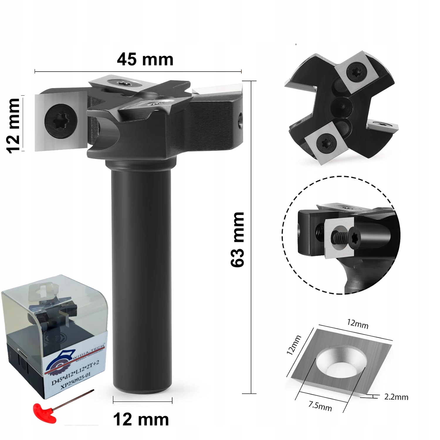 Fréza pro plánování rovin 45 mm, úchyt 12 mm na destičky 12 mm, vyměnitelná