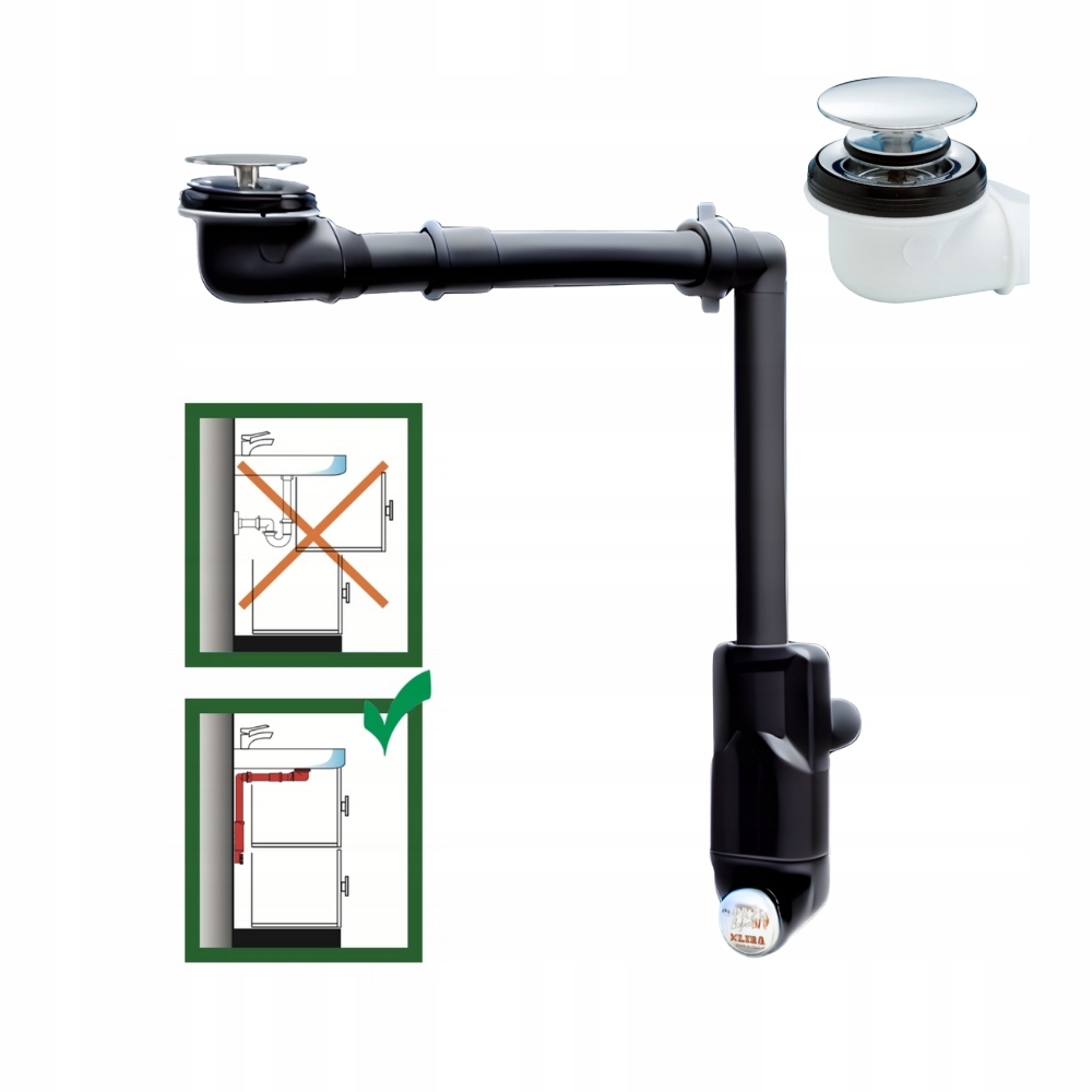 Umývadlový sifón Lira šetriaci miesto 32 – 40 zátka, čierny slim