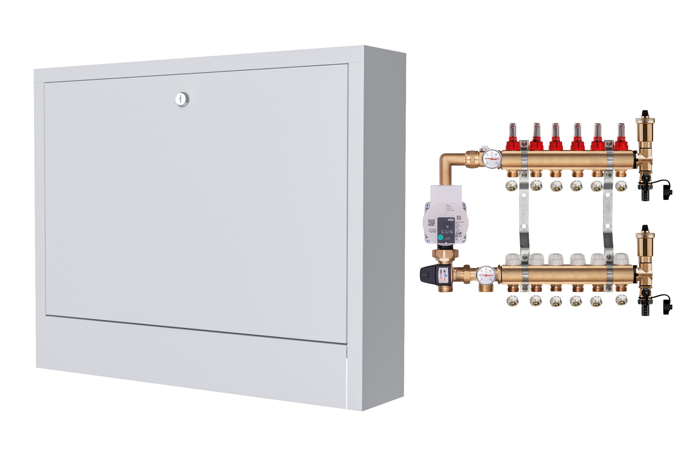 Mosazný Rozdělovač Pro Podlahu 6 S Čerpadlem Wilo+nástěnná Skříňka+pex