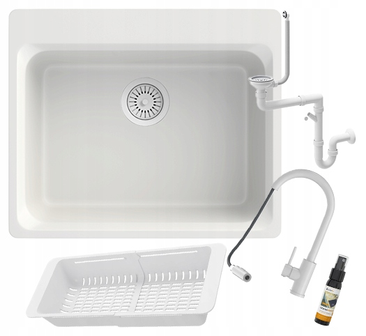Granitový drez Zante biely, umývadlo, sada batérií Loseto, sifónový košík